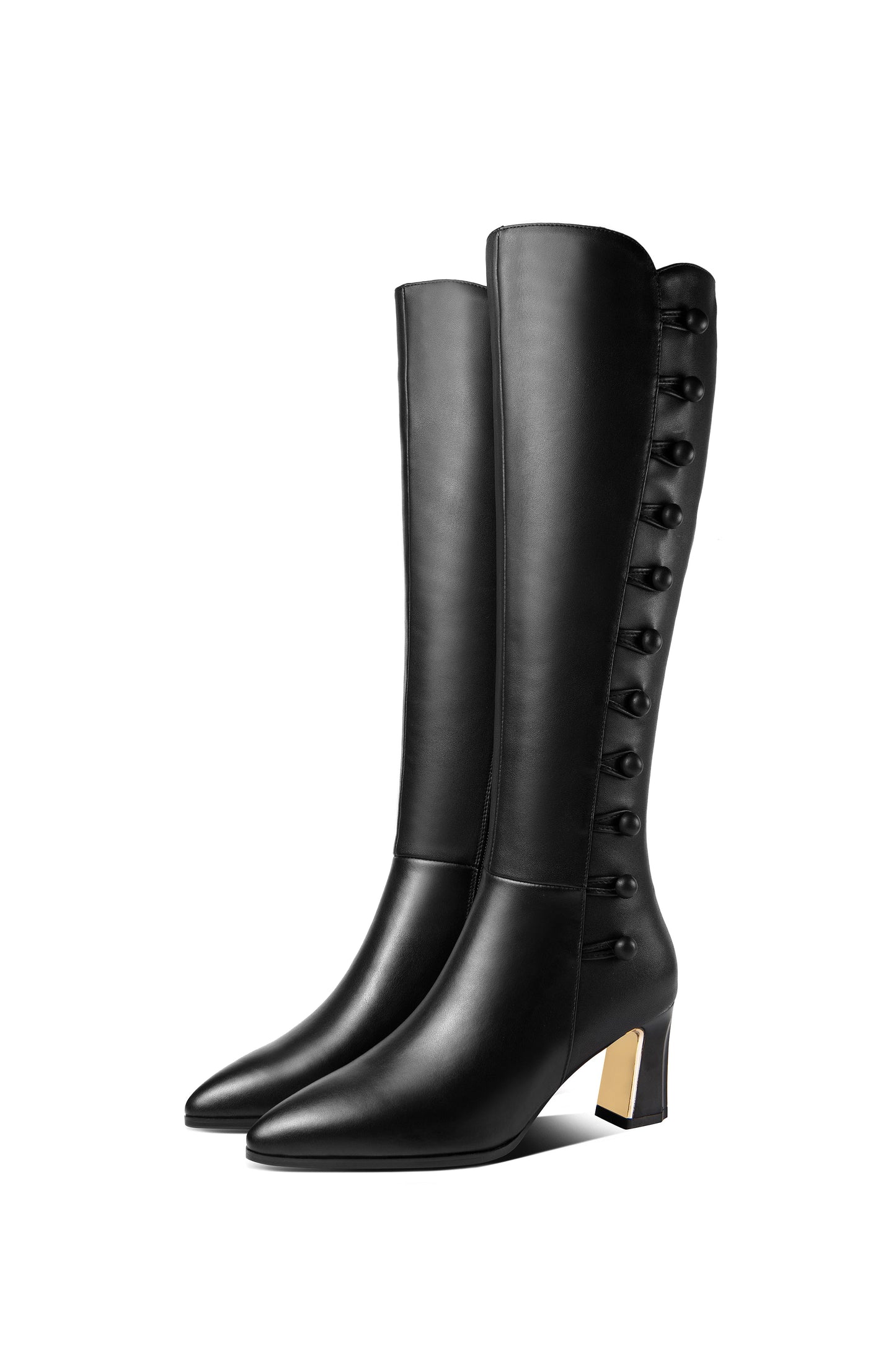 Nine Seven Women's Genuine Leather Handmade Side Zip Up Pointed Toe Mid Chunky Heel Modern Knee High Boots with Buttons Decor