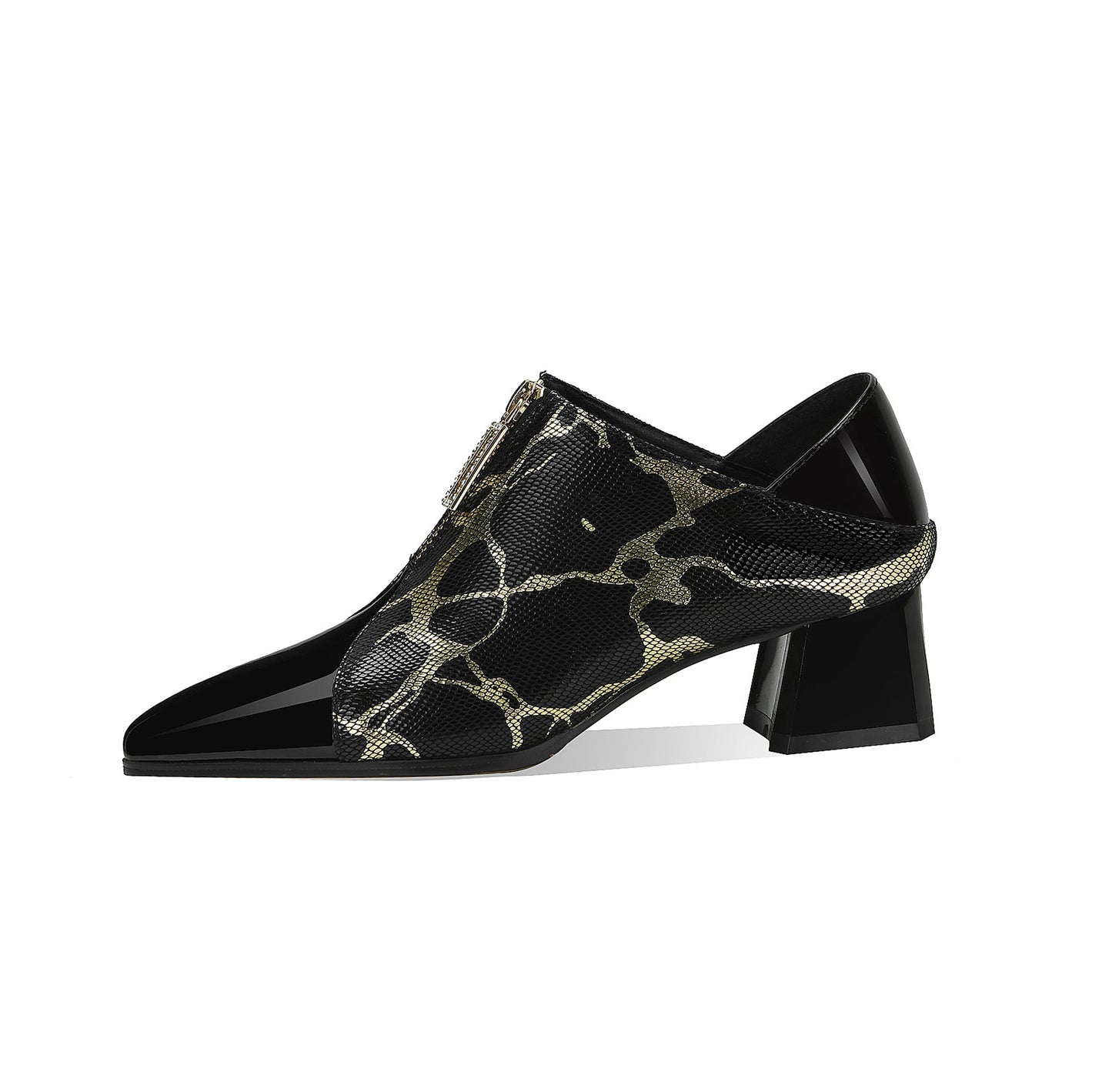 Nine Seven Women's Pointed Toe Genuine Leather Handmade Front Zipper Low Chunky Heels Stylish Pumps Shoes