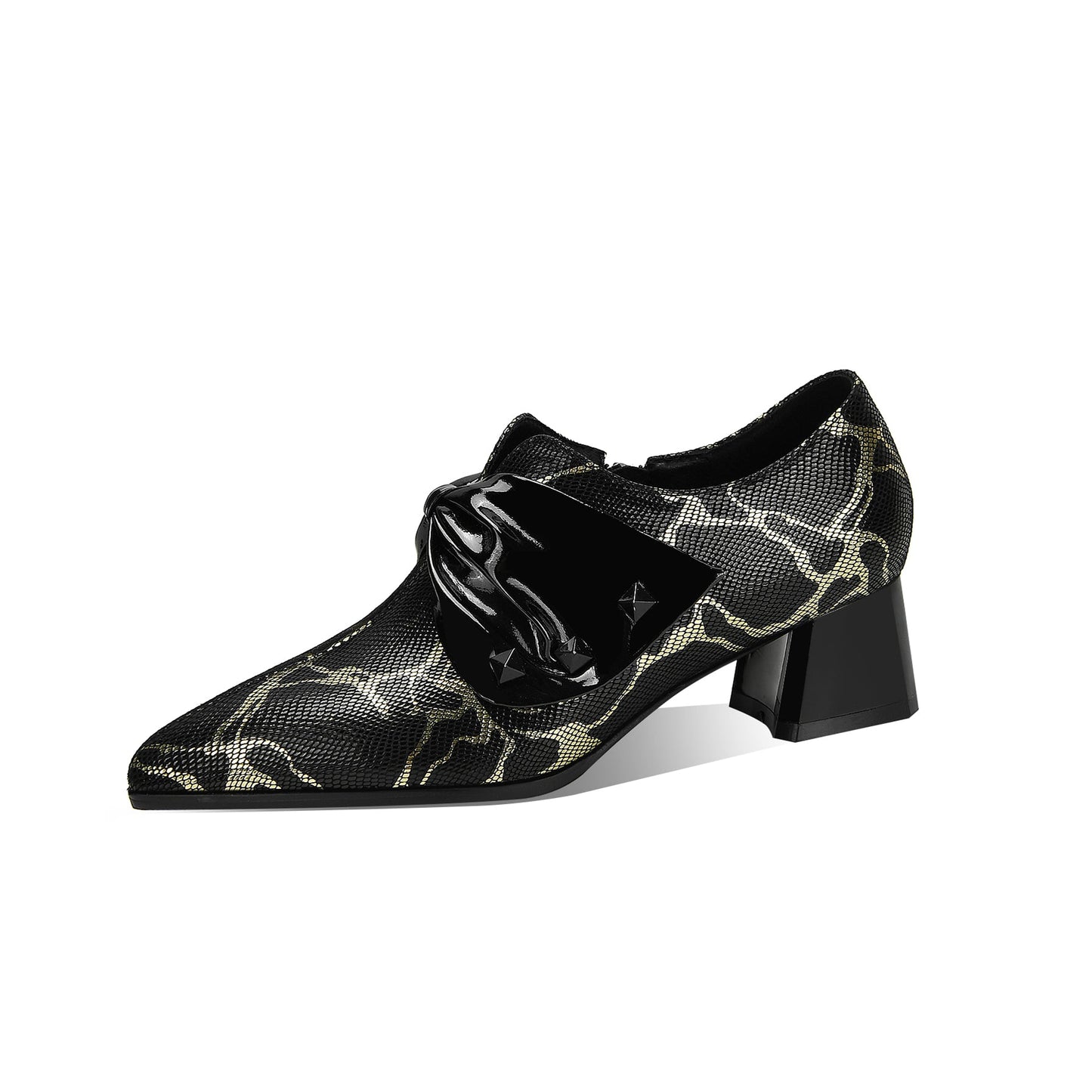 Nine Seven Women's Pointed Toe Printting Genuine Leather Handmade Side Zipper Low Chunky Heels Stylish Pumps Shoes