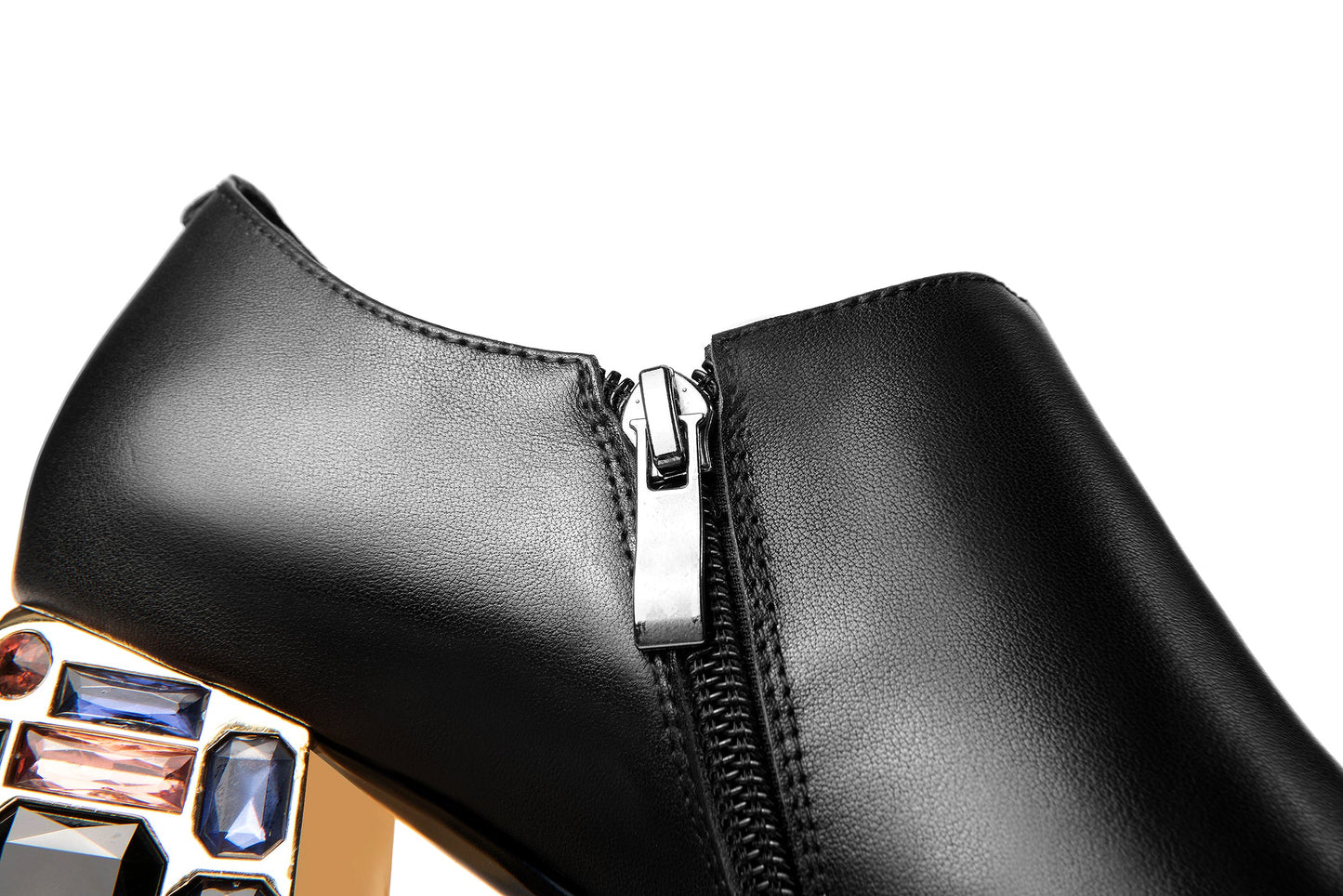 Nine Seven Genuine Leather Women's Handmade Square Toe Chic Zip Up Mid Chunky Heel Pump Shoes with Sequin and Crystal