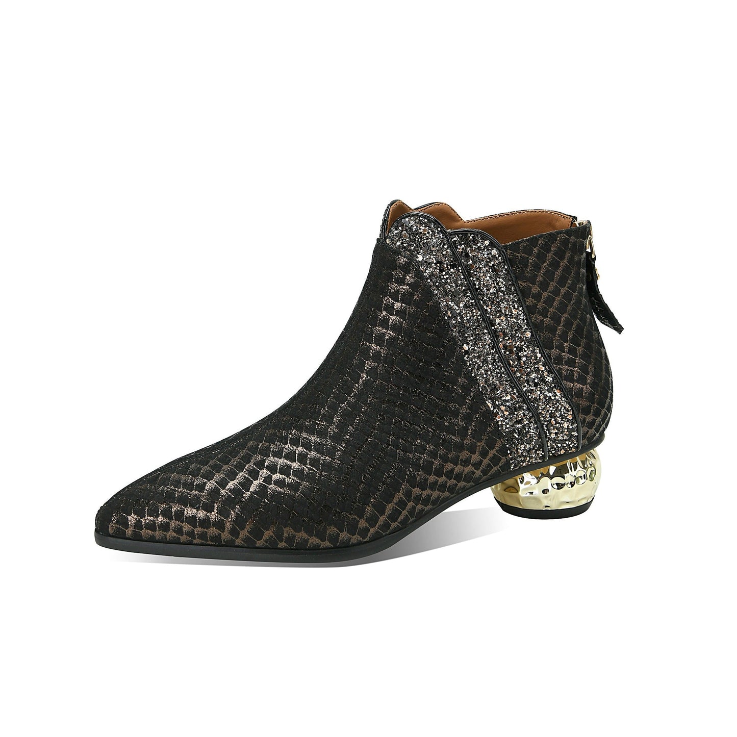 Nine Seven Women's Pointed Toe Genuine Leather Handmade Back Zipper Low Chunky Heels Stylish Ankle Boots