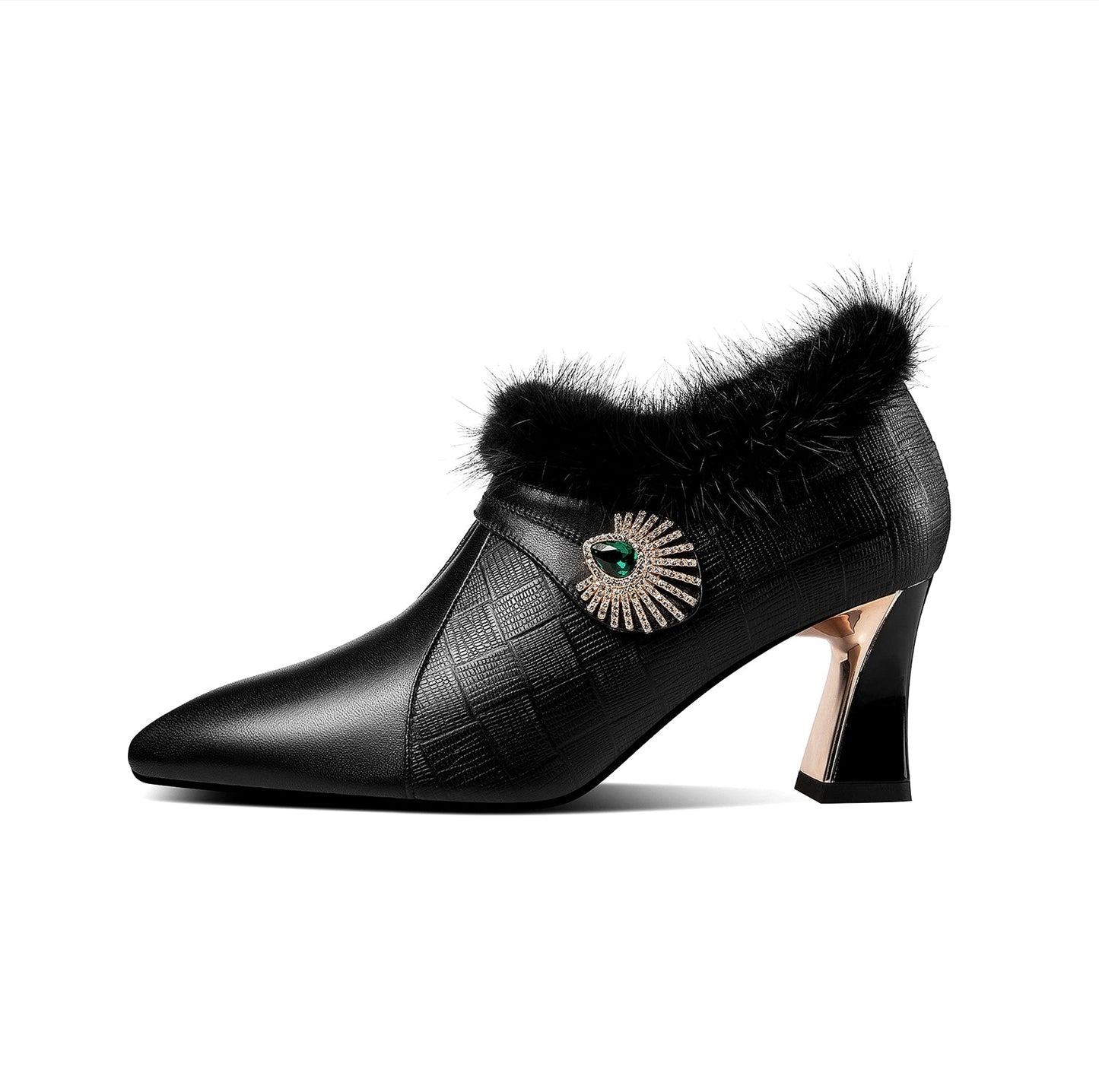 Nine Seven Women's Handmade Genuine Leather Comfortable Spool Heel Pointed Toe Side Zip Up Glitter Grystal Oxford Pumps with Warm Fur