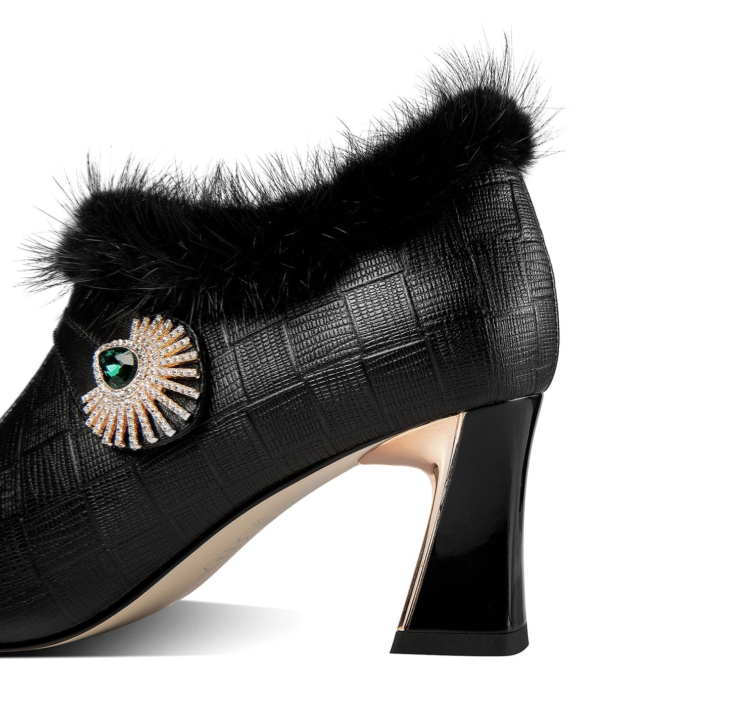 Nine Seven Women's Handmade Genuine Leather Comfortable Spool Heel Pointed Toe Side Zip Up Glitter Grystal Oxford Pumps with Warm Fur