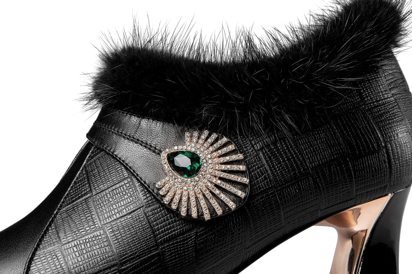 Nine Seven Women's Handmade Genuine Leather Comfortable Spool Heel Pointed Toe Side Zip Up Glitter Grystal Oxford Pumps with Warm Fur