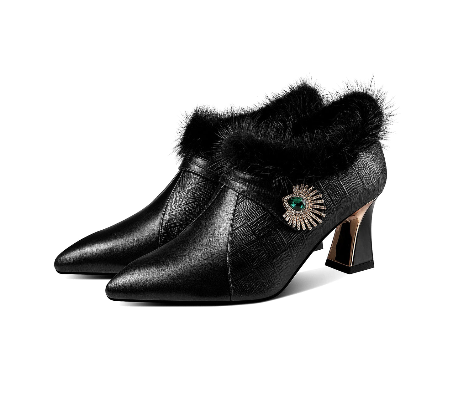 Nine Seven Women's Handmade Genuine Leather Comfortable Spool Heel Pointed Toe Side Zip Up Glitter Grystal Oxford Pumps with Warm Fur