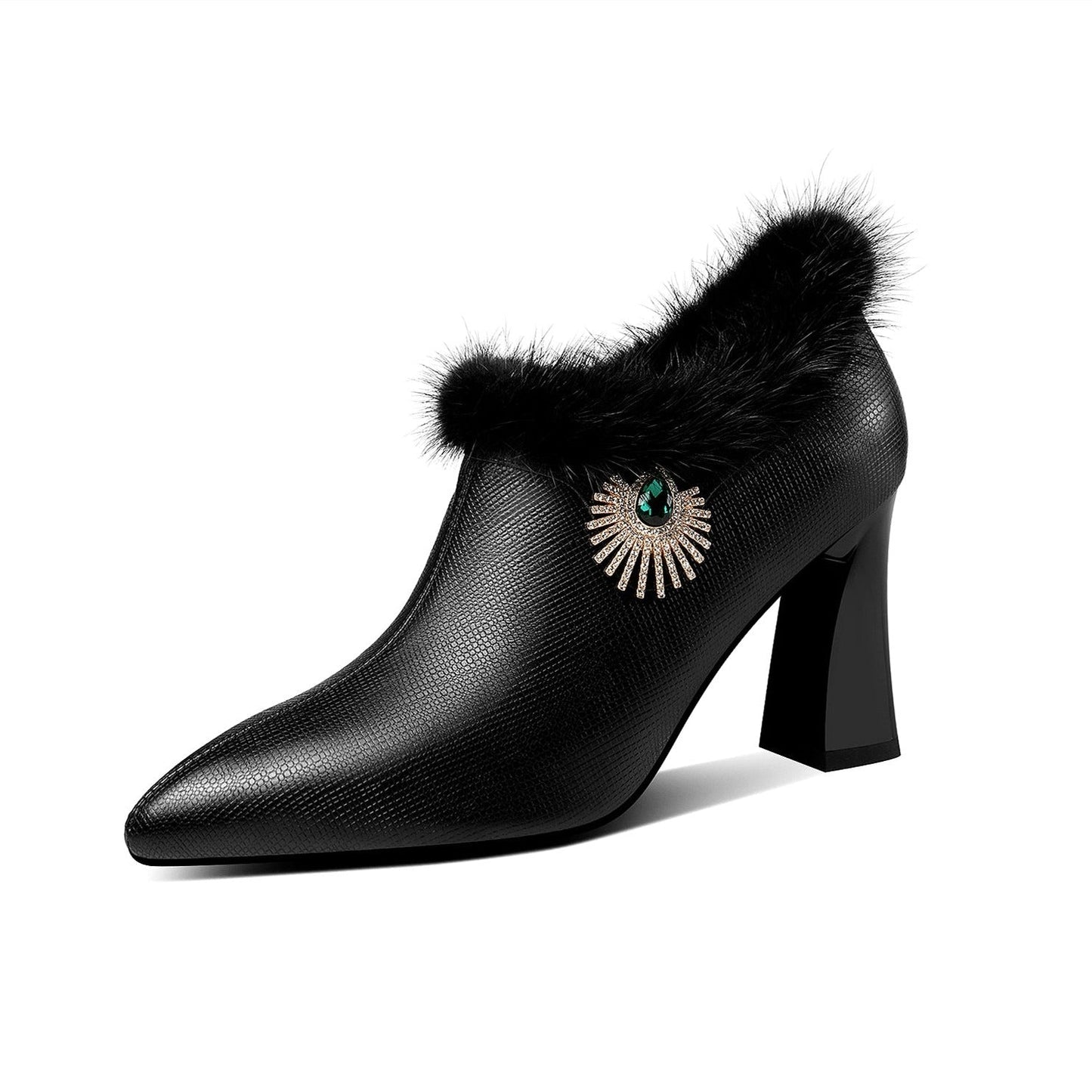 Nine Seven Women's Handmade Genuine Leather High Heel Side Zip Up Pointed Toe Fur and Rhinestone Decor Oxford Pump Shoes