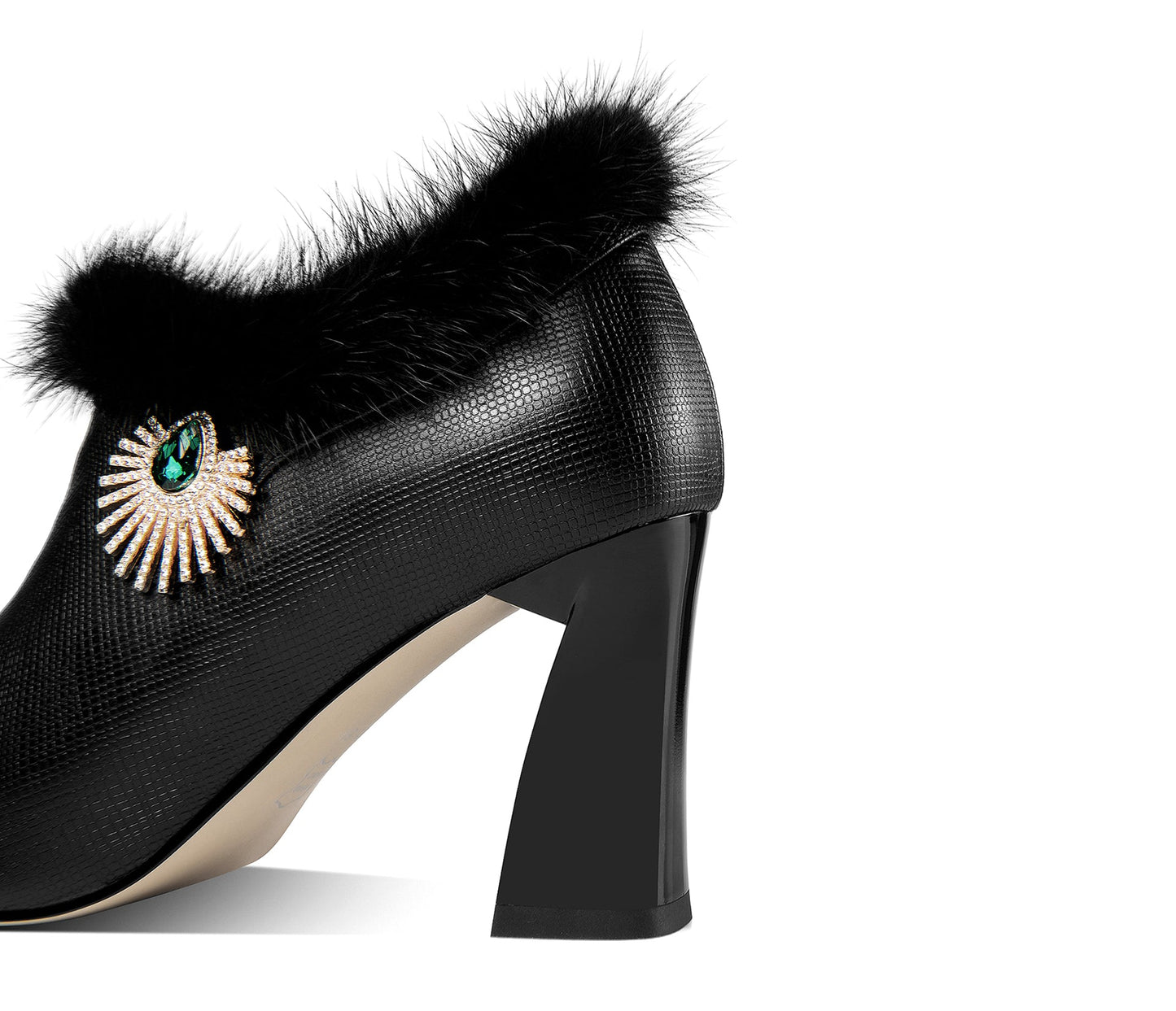 Nine Seven Women's Handmade Genuine Leather High Heel Side Zip Up Pointed Toe Fur and Rhinestone Decor Oxford Pump Shoes