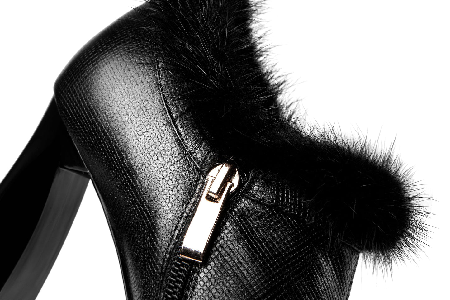 Nine Seven Women's Handmade Genuine Leather High Heel Side Zip Up Pointed Toe Fur and Rhinestone Decor Oxford Pump Shoes