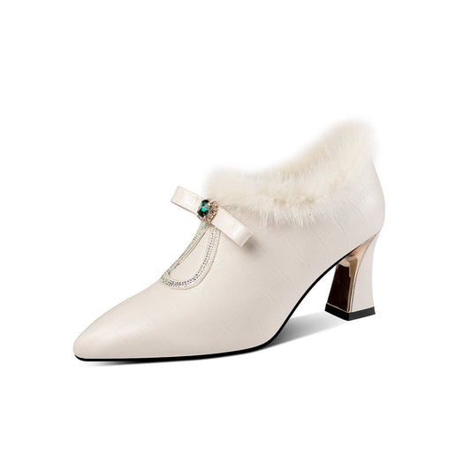 Nine Seven Genuine Leather Women's Handmade Elegant Mid Heel Side Zip Up Fur Decor Oxford Pumps with Boetie