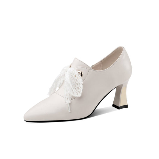 Nine Seven Genuine Leather Women's Handmade Pointed Toe Elegant Bowtie Spool Heel Pumps with Side Zipper