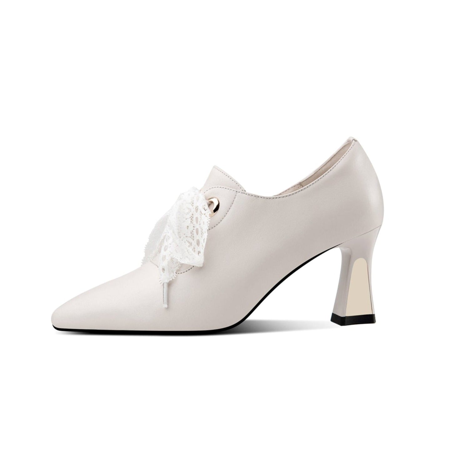 Nine Seven Genuine Leather Women's Handmade Pointed Toe Elegant Bowtie Spool Heel Pumps with Side Zipper