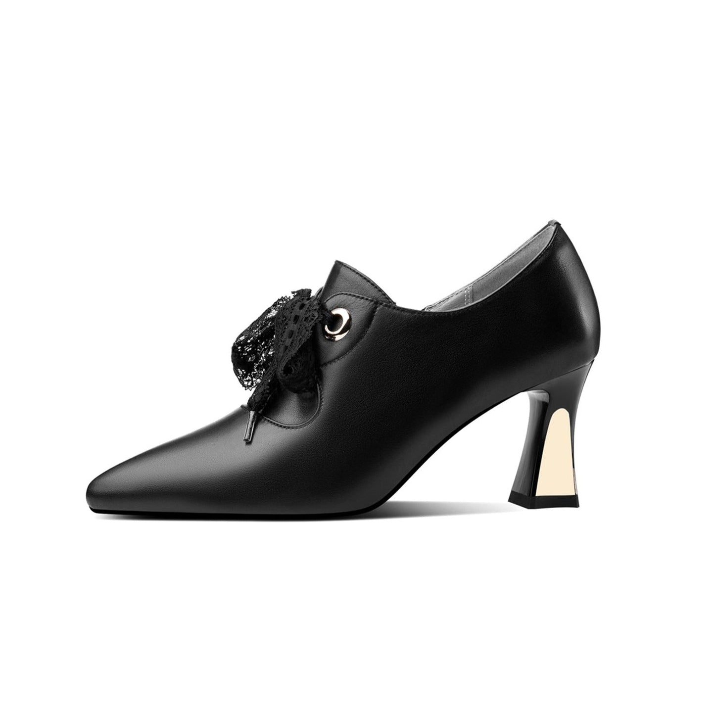 Nine Seven Genuine Leather Women's Handmade Pointed Toe Elegant Bowtie Spool Heel Pumps with Side Zipper