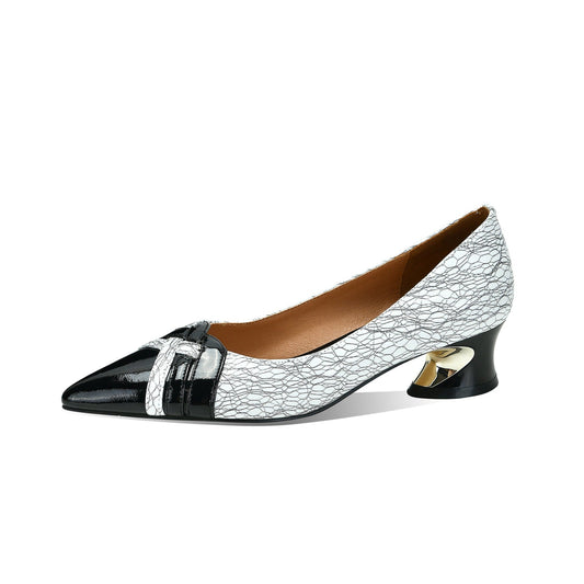 Nine Seven Handmade Women's Genuine Leather Assorted Color Slip On Pointed Toe Low Chunky Heel Pumps Shoes