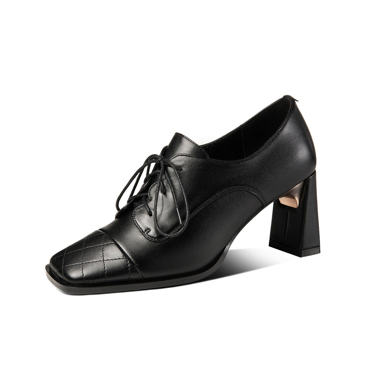 Nine Seven Genuine Leather Women's Handmade Classic Square Toe Chunky Heel Lace Up Oxford Pump Shoes