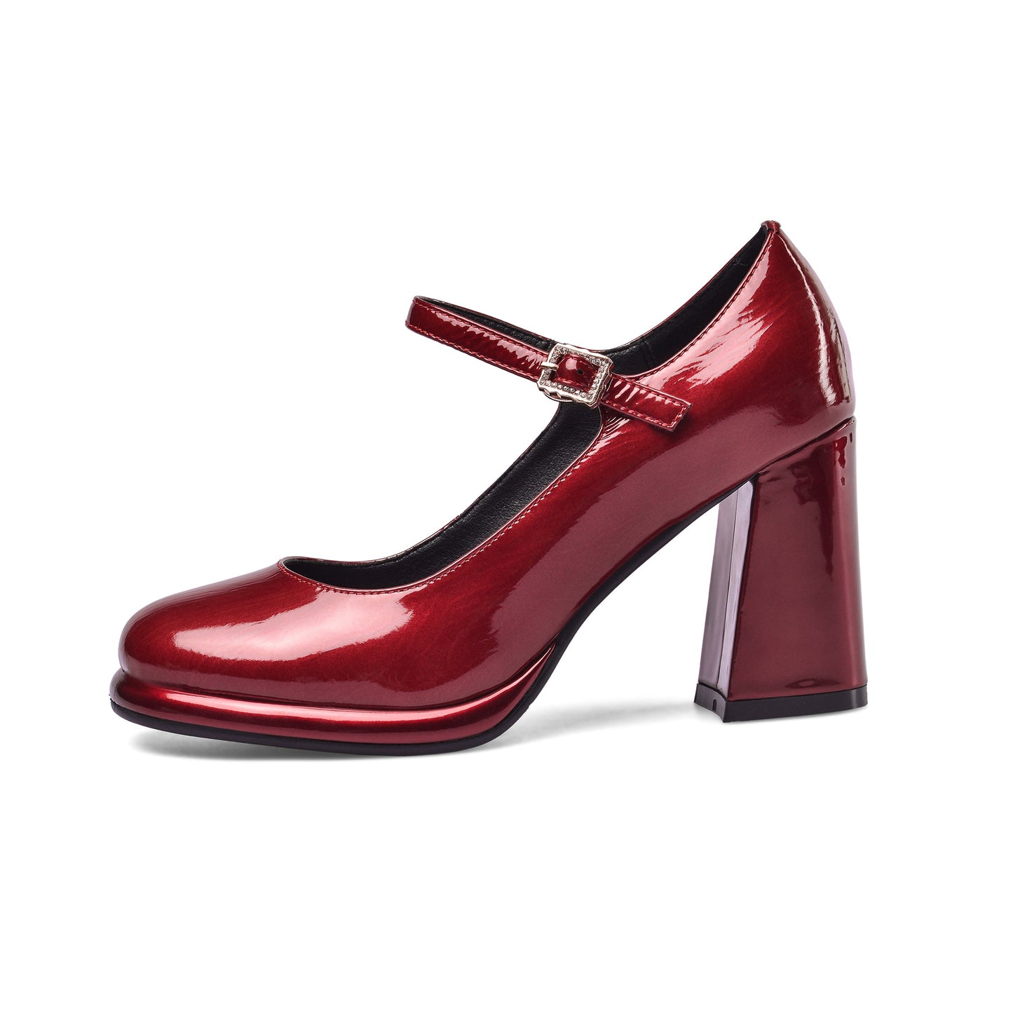 Nine Seven Women's Patent Leather Rouns Toe Handmade Buckle Belt High Chunky Heel Trendy Pumps Shoes