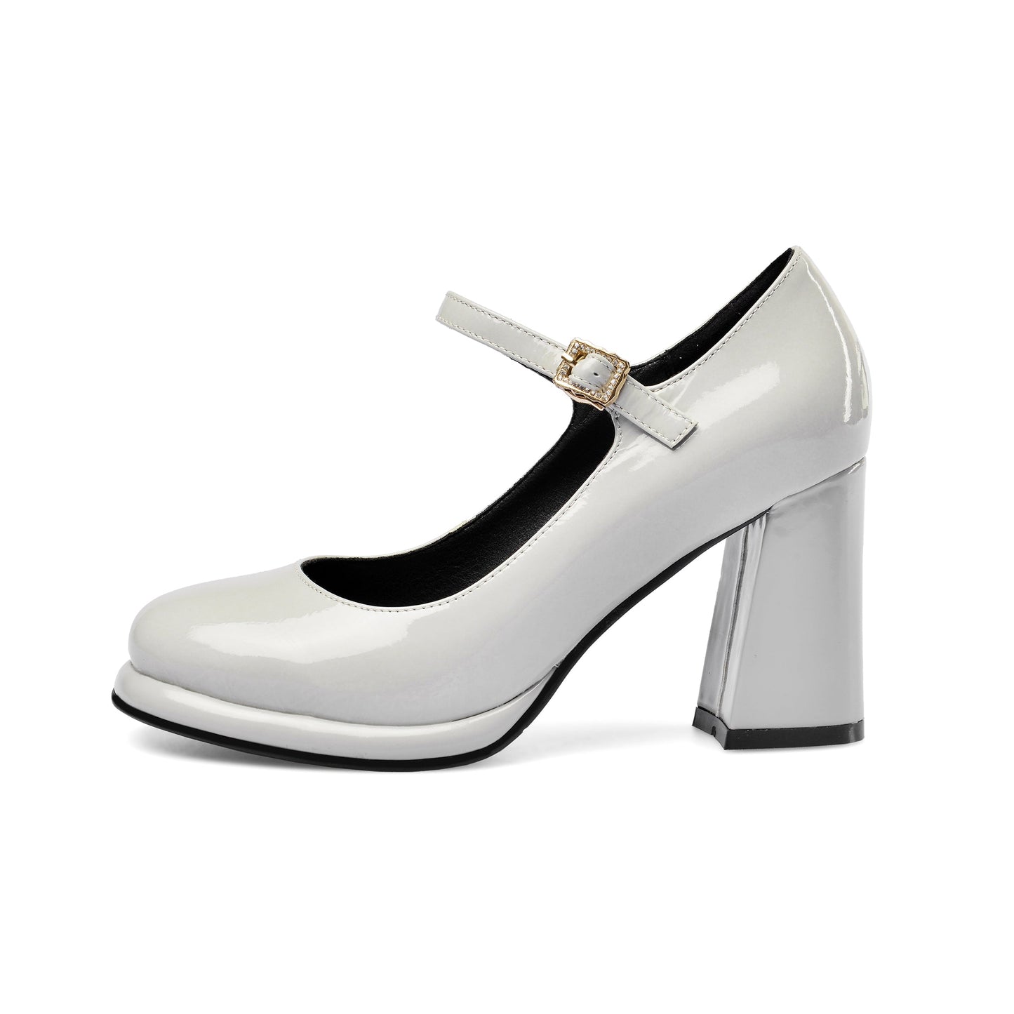 Nine Seven Women's Patent Leather Rouns Toe Handmade Buckle Belt High Chunky Heel Trendy Pumps Shoes