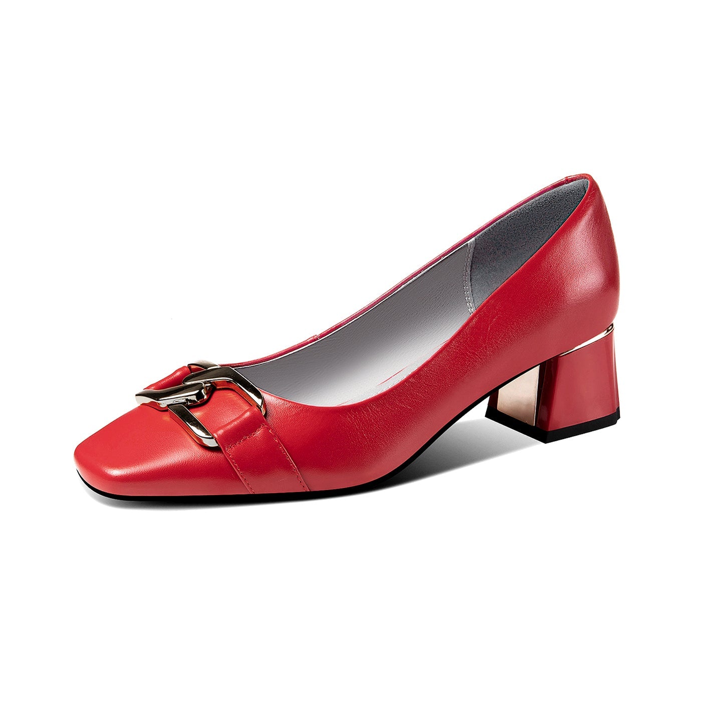 Nine Seven Women's Genuine Leather Handmade Slip On Block Heel Square Toe Pump Shoes with Unique Metal Pattern