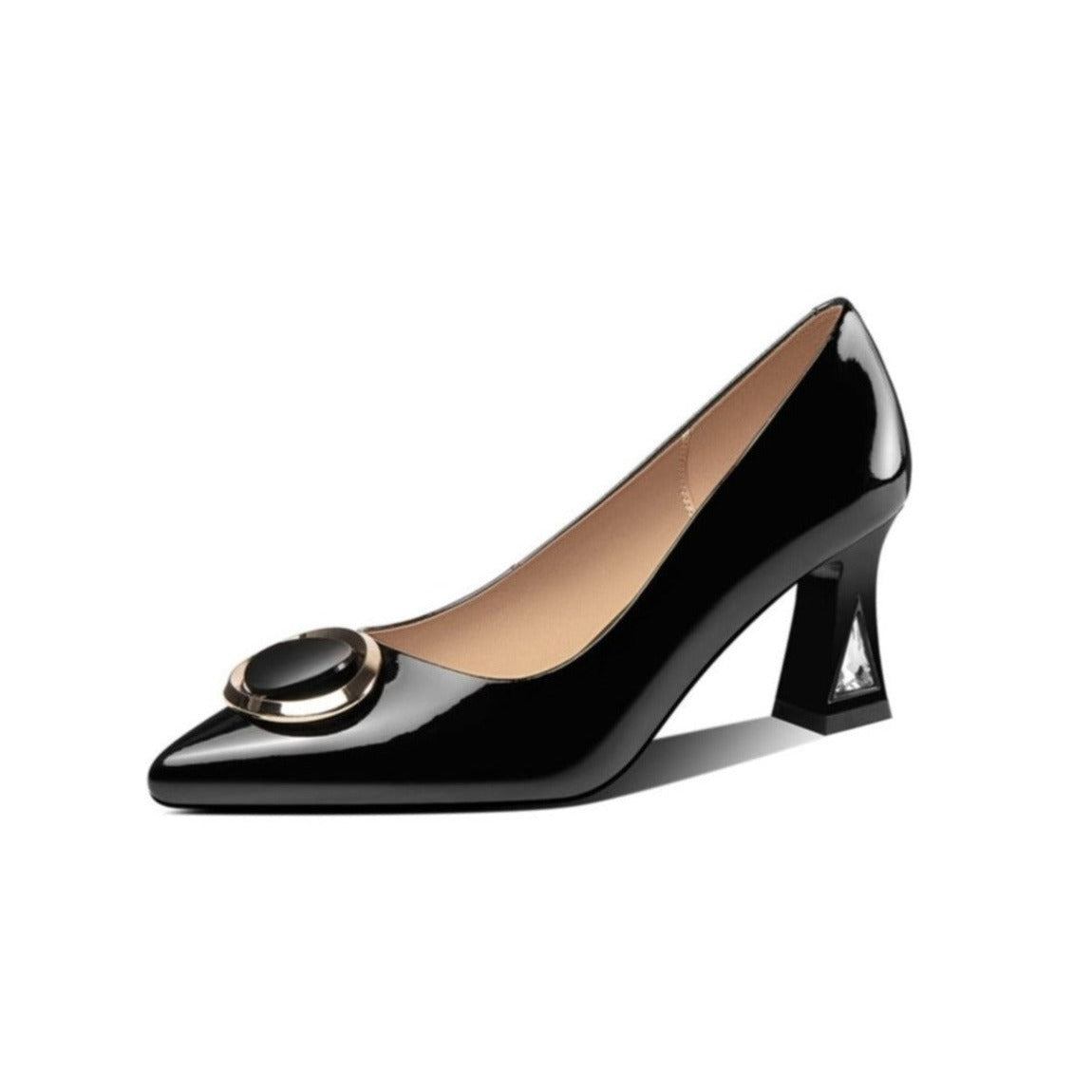 Nine Seven Women's Patent Leather Pointed Toe Handmade Buckle Mid Chunky Heel Stylish Pumps Shoes