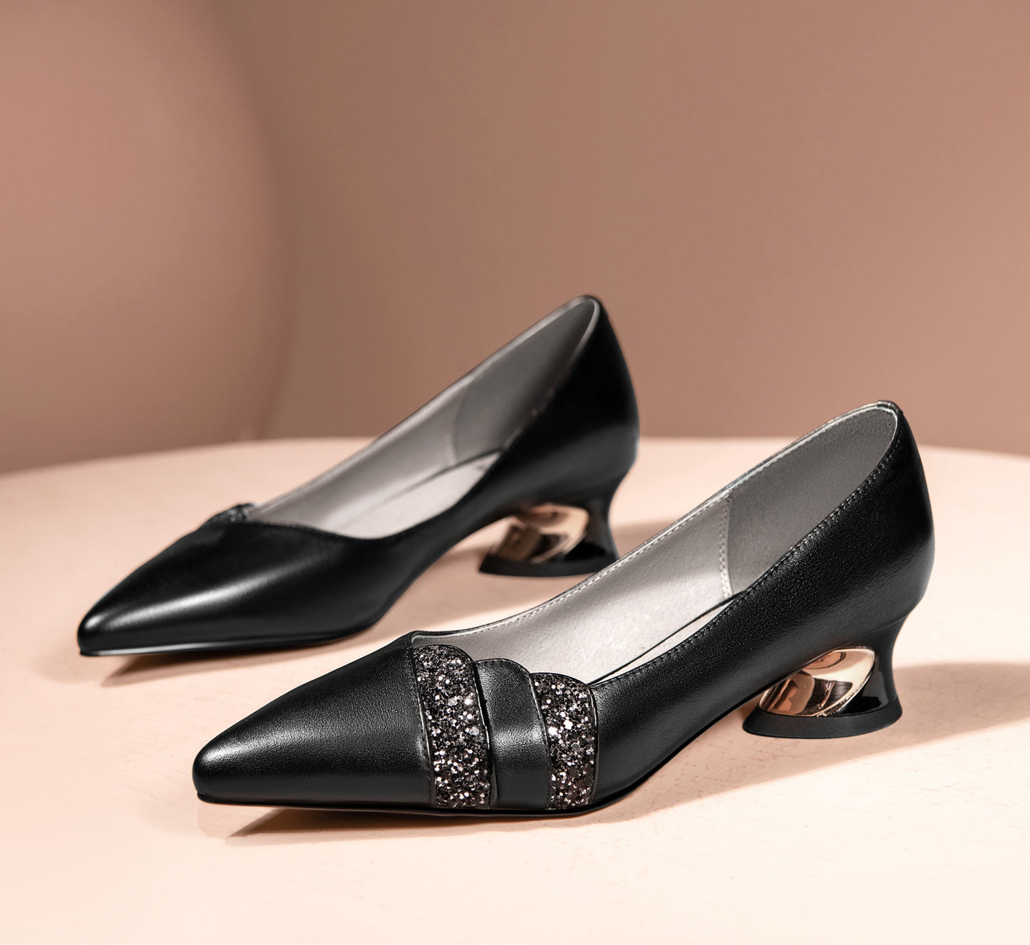 Nine Seven Women's Handmade Genuine Leather Spool Heel Pointed Toe Glitter Loafer Pumps