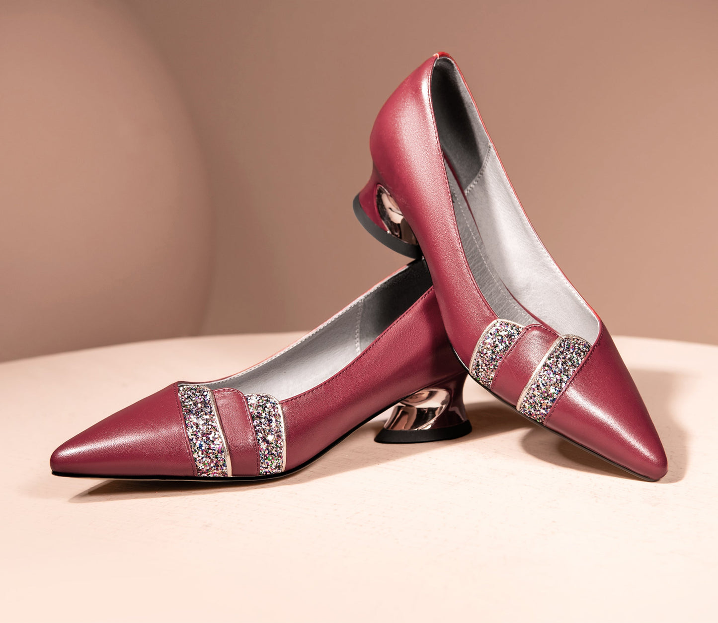 Nine Seven Women's Handmade Genuine Leather Spool Heel Pointed Toe Glitter Loafer Pumps