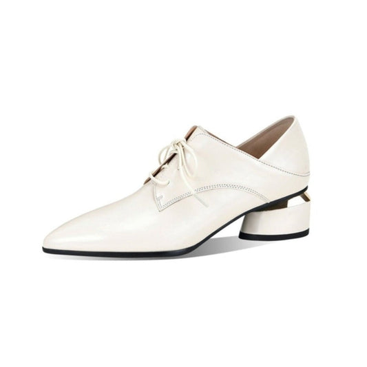 Nine Seven Women's Genuine Leather Pointed Toe Handmade Lace Up Low Chunky Heel Office Shoes