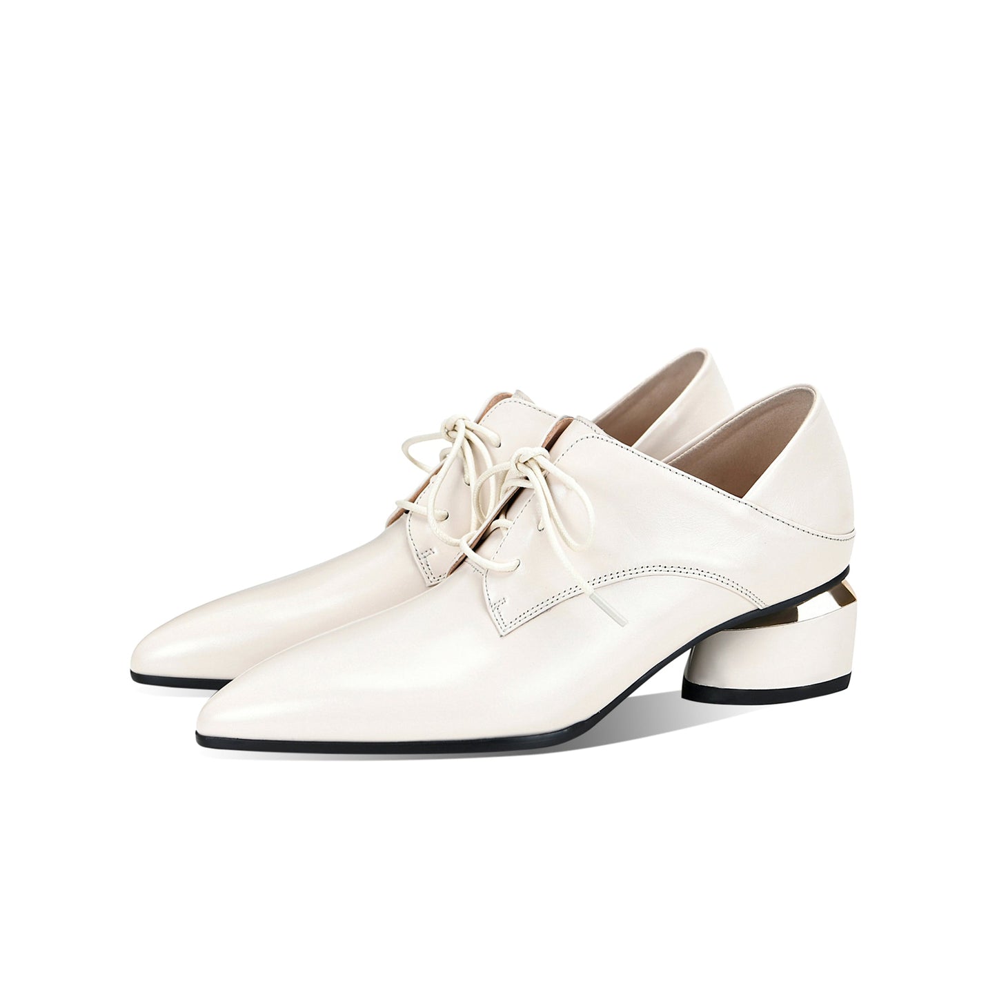 Nine Seven Women's Genuine Leather Pointed Toe Handmade Lace Up Low Chunky Heel Office Shoes