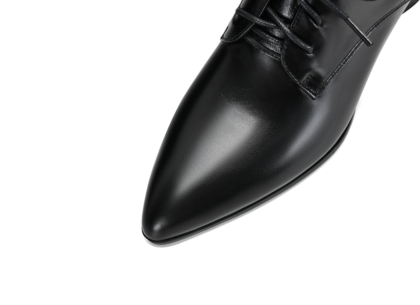 Nine Seven Women's Genuine Leather Pointed Toe Handmade Lace Up Low Chunky Heel Office Shoes