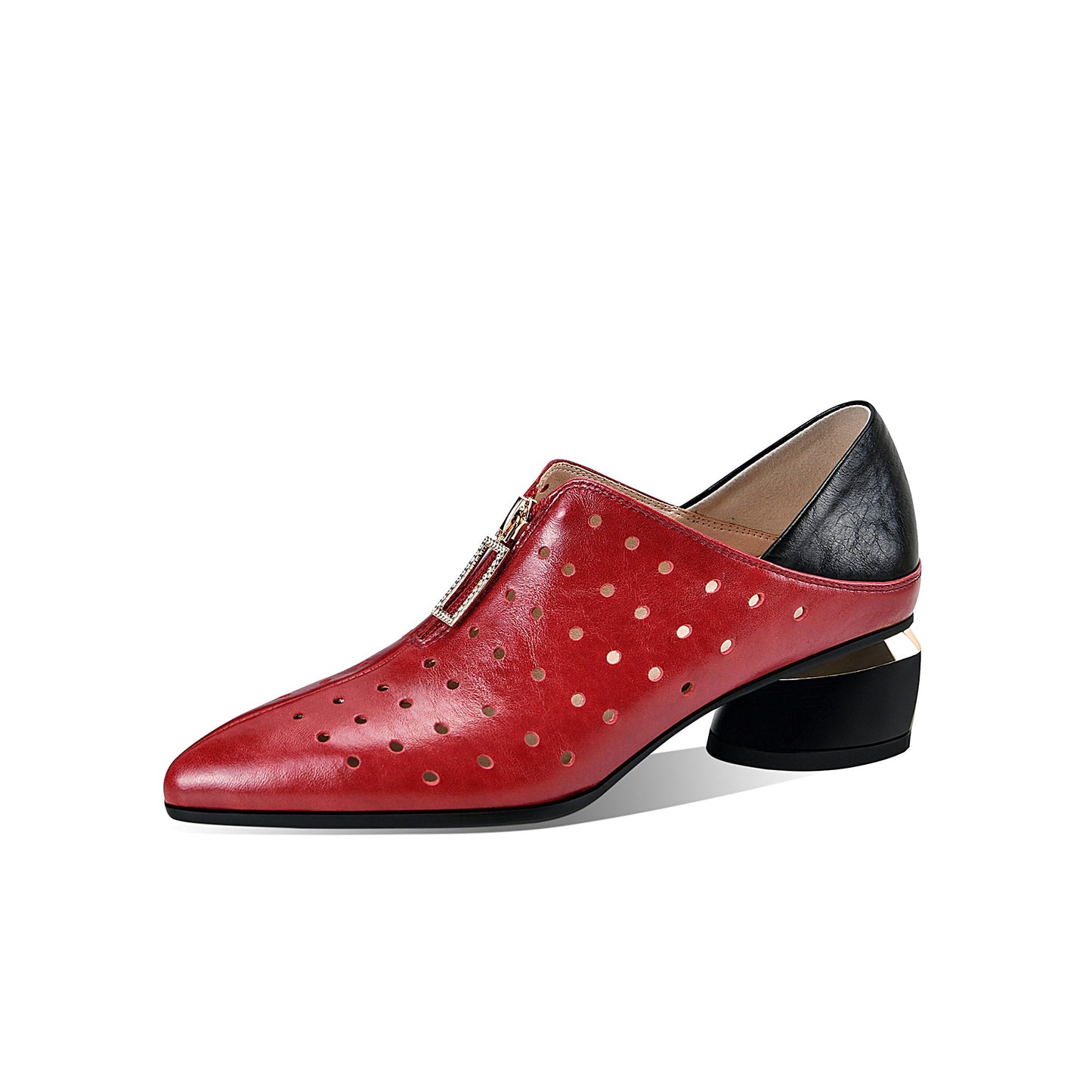 Nine Seven Women's Genuine Leather with Breathable Holes Handmade Front Zipper Low Chunky Heel Stylish Pumps Shoes