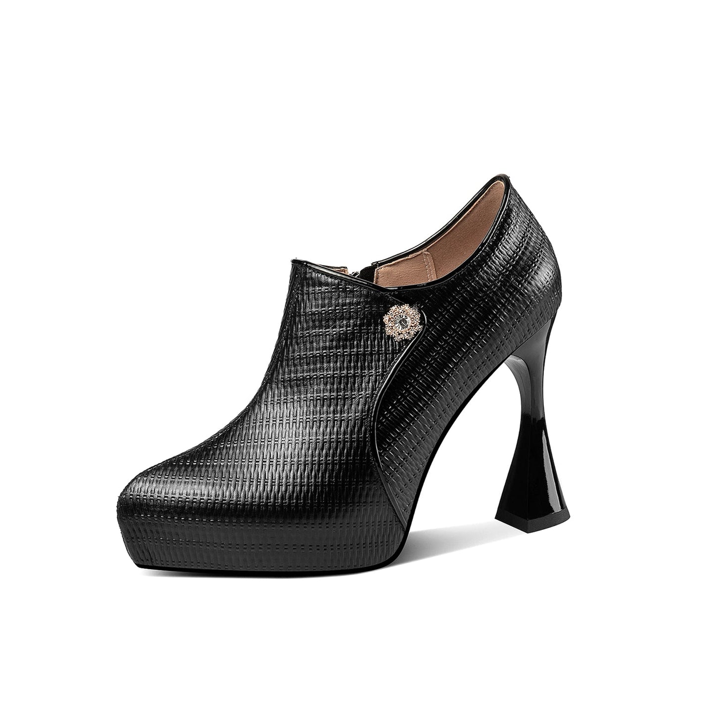 Nine Seven Pointed Toe Handmade Women's Genuine Leather High Spool Heel Side Zip Platform Pumps