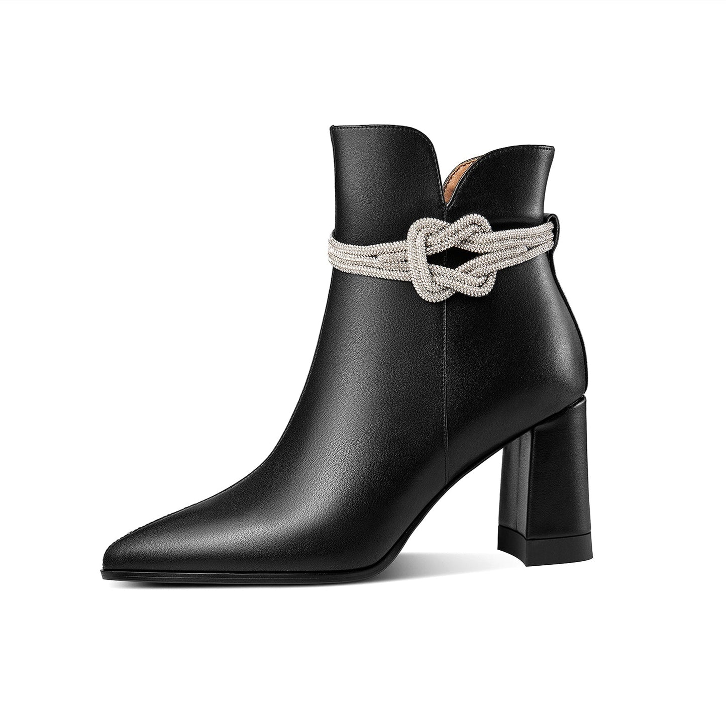 Nine Seven Genuine Leather Women's Handmade Side Zipper Pointed Toe Chunky Heel Ankle Boots