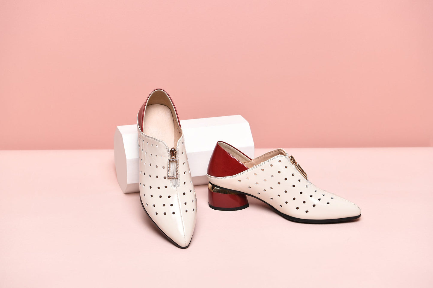 Nine Seven Women's Genuine Leather with Breathable Holes Handmade Front Zipper Low Chunky Heel Stylish Pumps Shoes