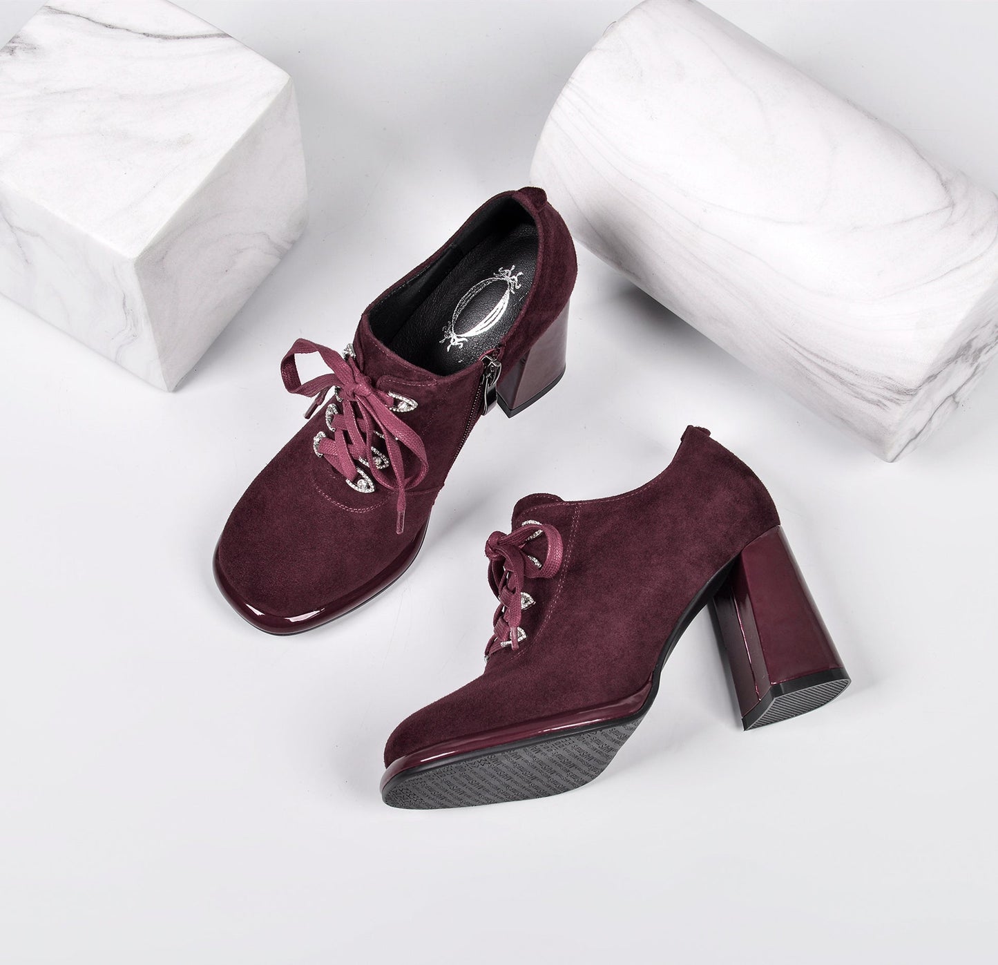 Nine Seven Women's Round Toe Suede Leather Handmade Side Zipper Sleftie Pump Shoes with High Chunky Heel