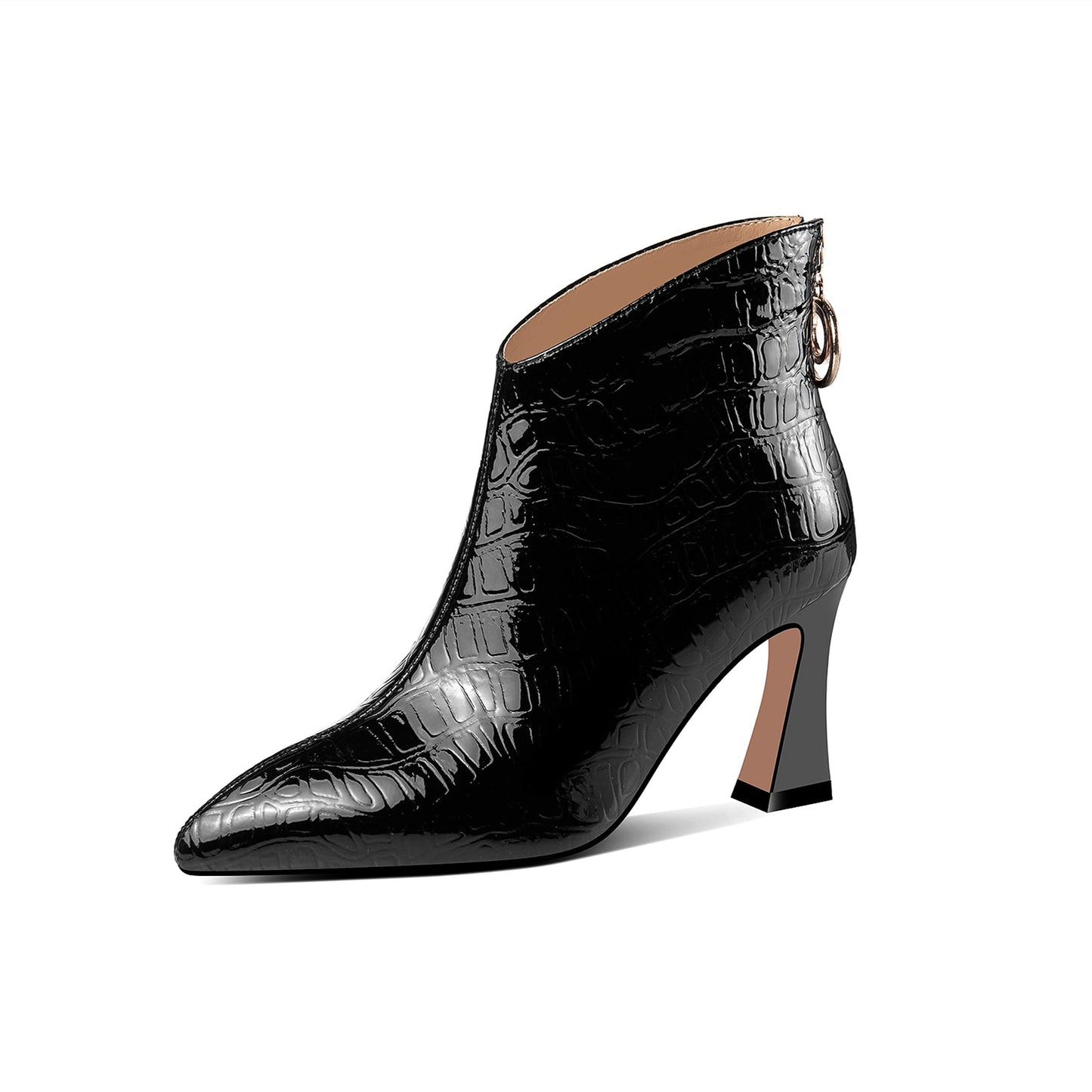 Nine Seven Patent Leather Women's Handmade Pointed Toe High Spool Heel Ring Zip Puller Ankle Boots