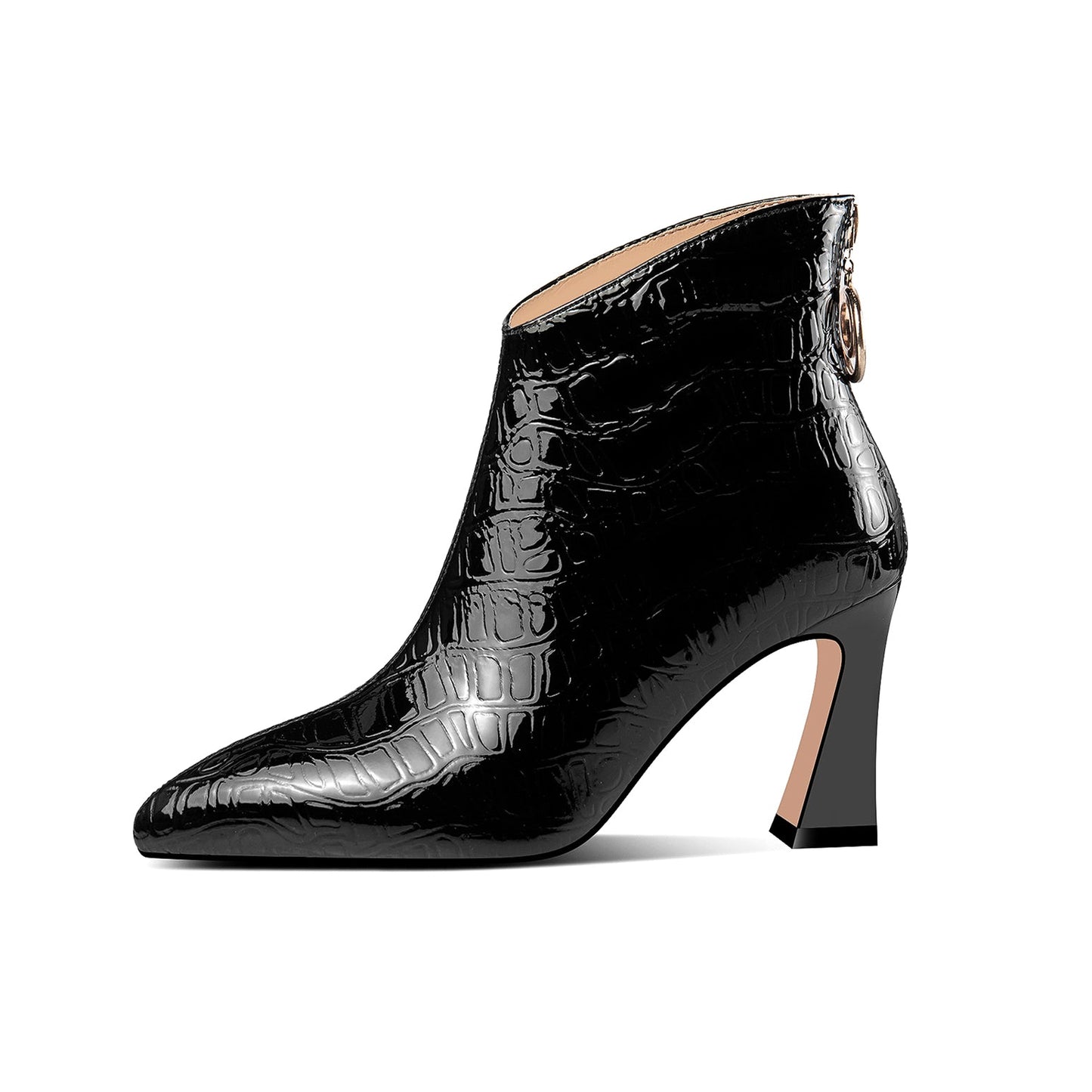 Nine Seven Patent Leather Women's Handmade Pointed Toe High Spool Heel Ring Zip Puller Ankle Boots