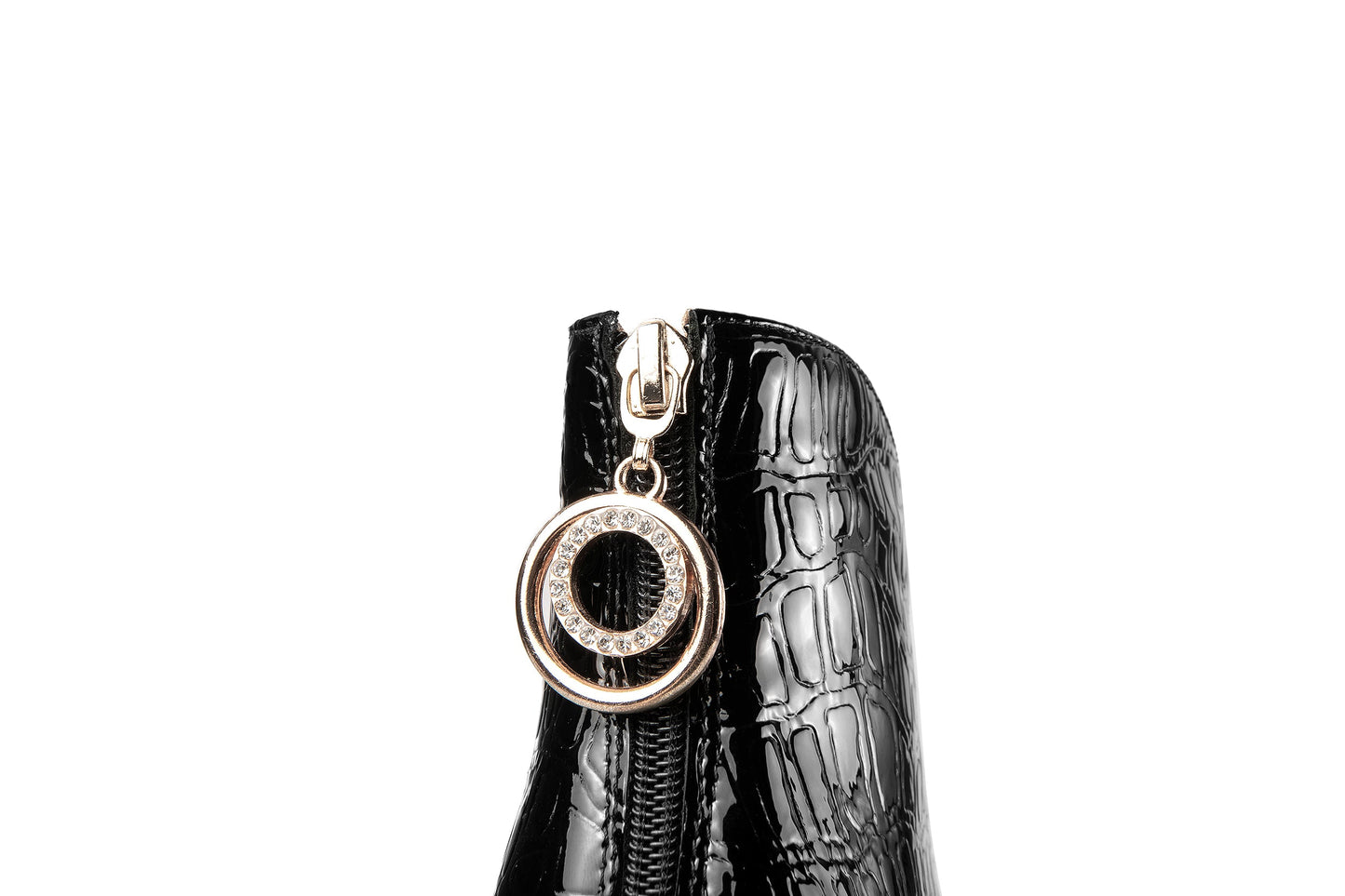 Nine Seven Patent Leather Women's Handmade Pointed Toe High Spool Heel Ring Zip Puller Ankle Boots