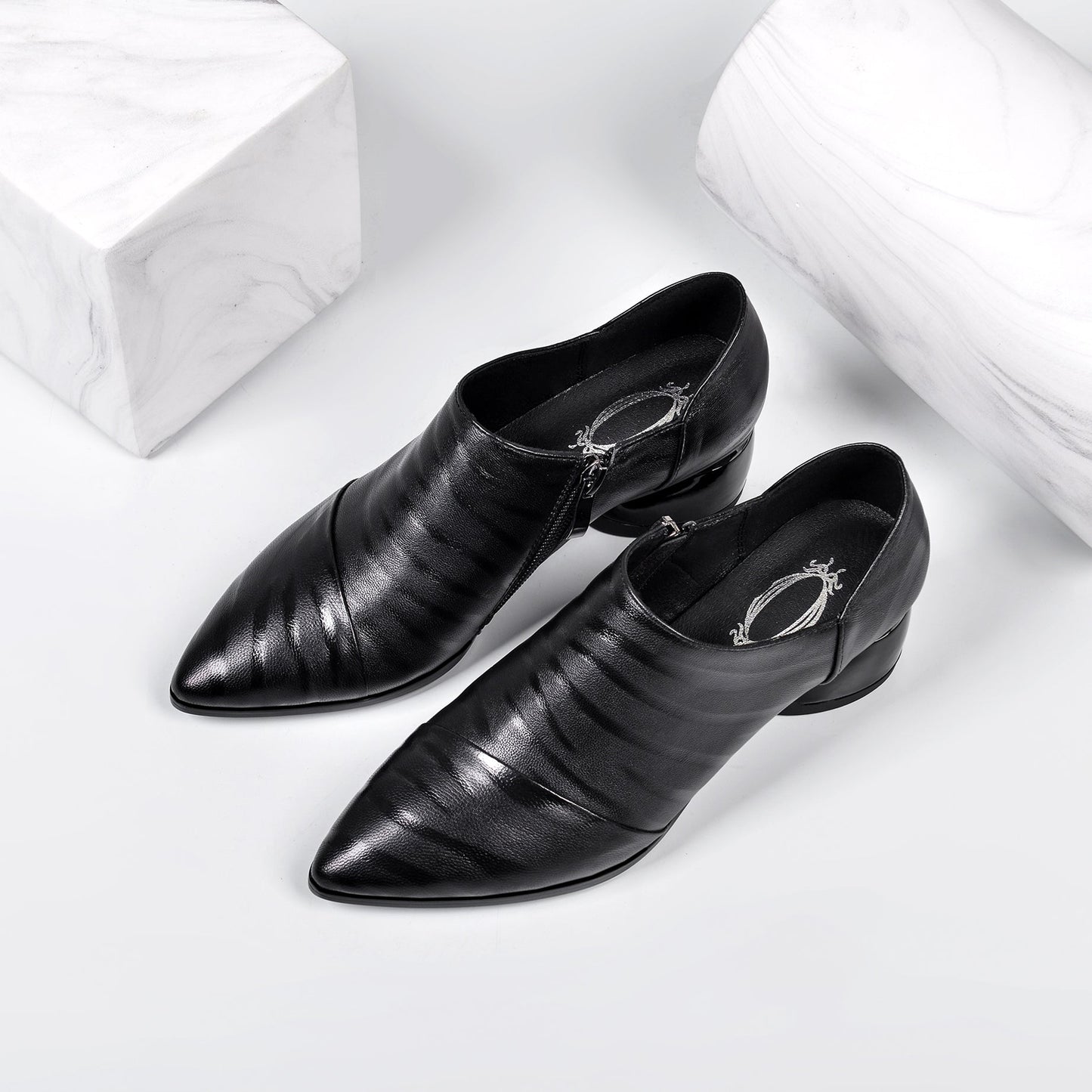 Nine Seven Women's Printed Genuine Leather Handmade Pointed Toe Side Zipper Casual Pumps Shoes with Low Heels