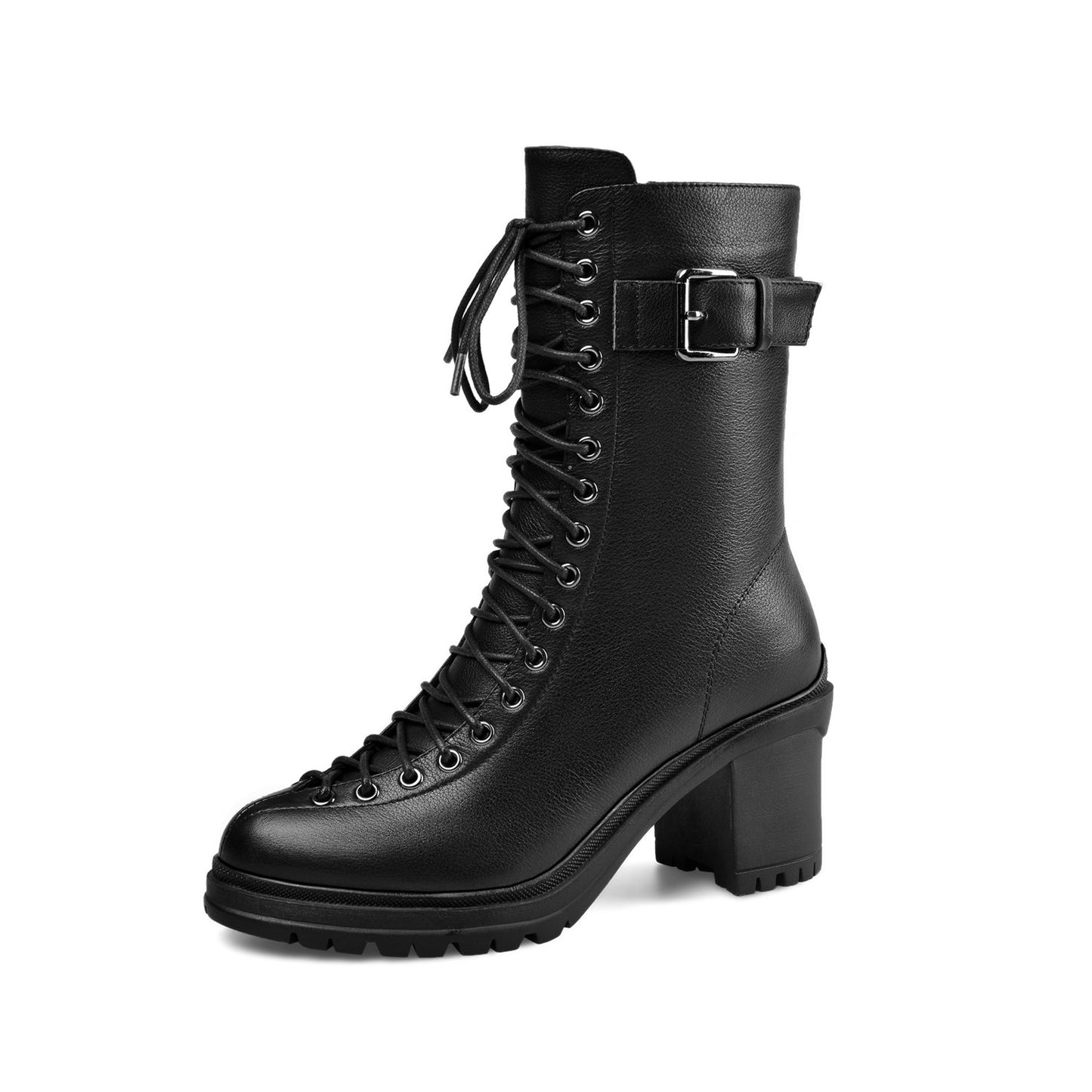 Nine Seven Women's Round Toe Selftie Zip Up Genuine Leather Handmade Chunky Heels Cool Mid-Calf Boots with Buckle