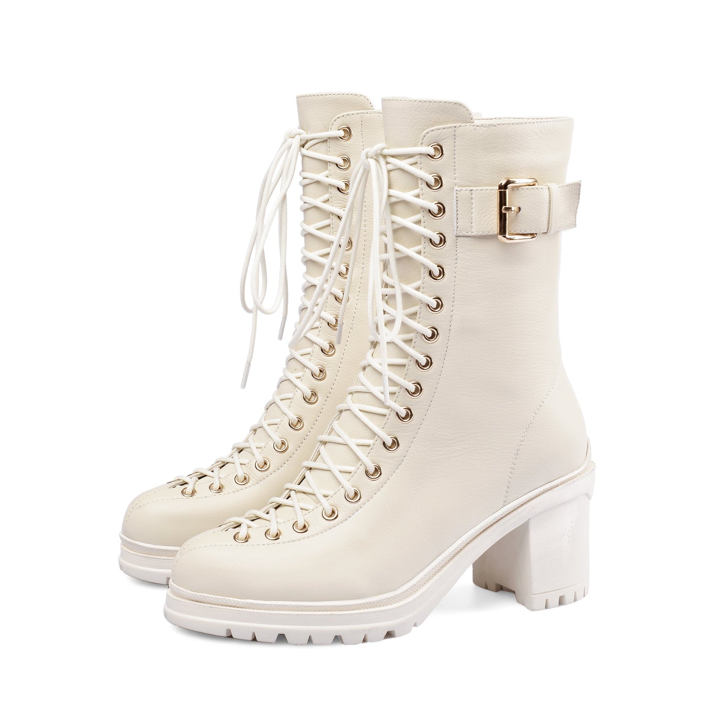 Nine Seven Women's Round Toe Selftie Zip Up Genuine Leather Handmade Chunky Heels Cool Mid-Calf Boots with Buckle