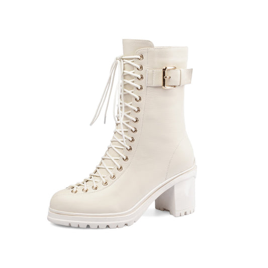 Nine Seven Women's Round Toe Selftie Zip Up Genuine Leather Handmade Chunky Heels Cool Mid-Calf Boots with Buckle