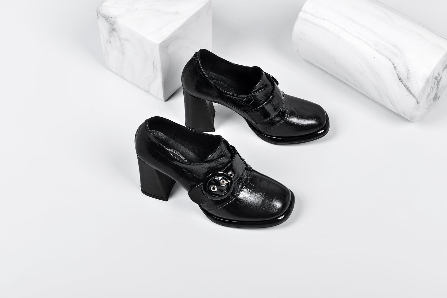 Nine Seven Women's Handmade Genuine Leather Round Toe Buckled Trendy Platform High Chunky Heel Slip On Pumps