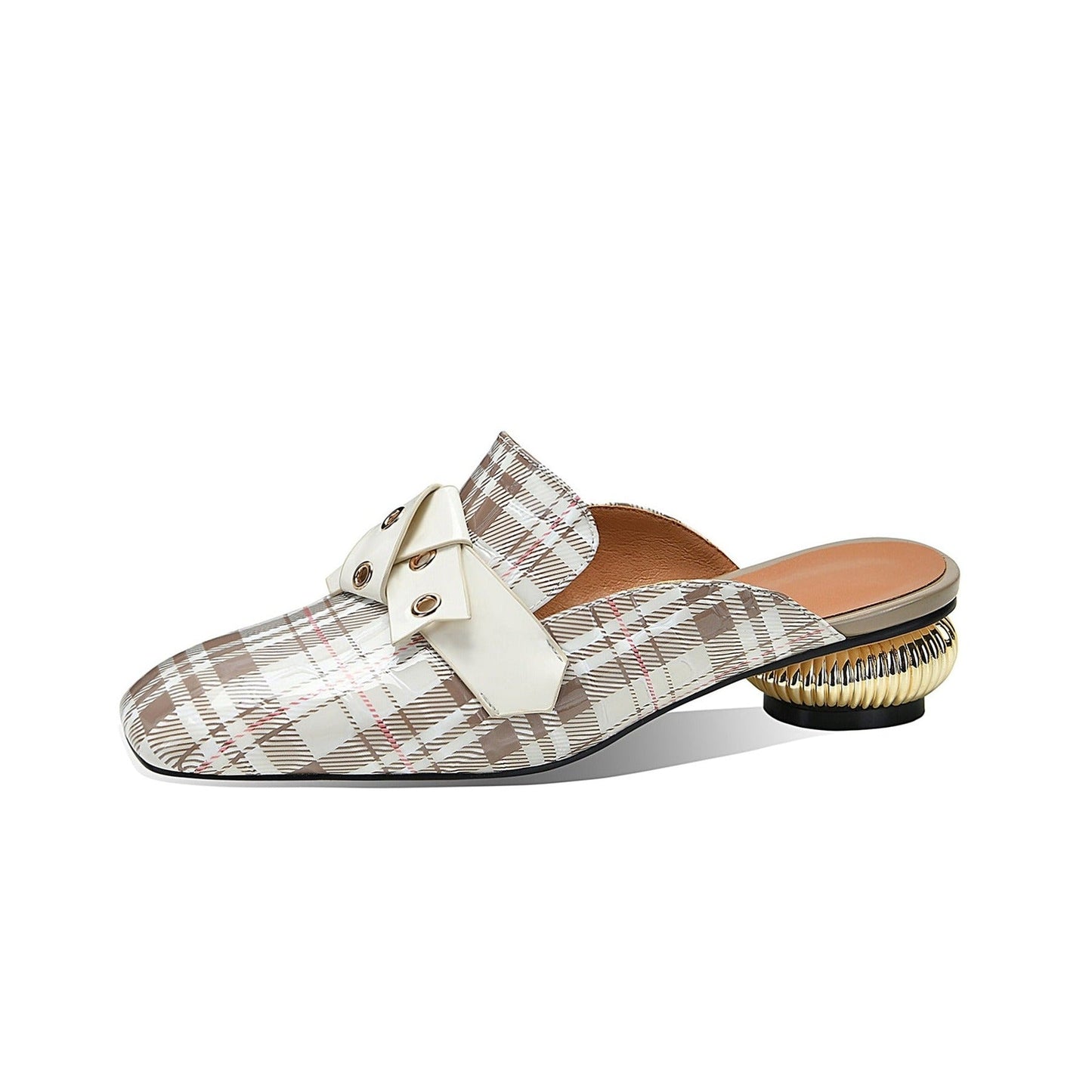 Nine Seven Women's Square Toe Plaid Genuine Leather Handmade Buckle Decor Stylish Low Heel Sandal Slippers