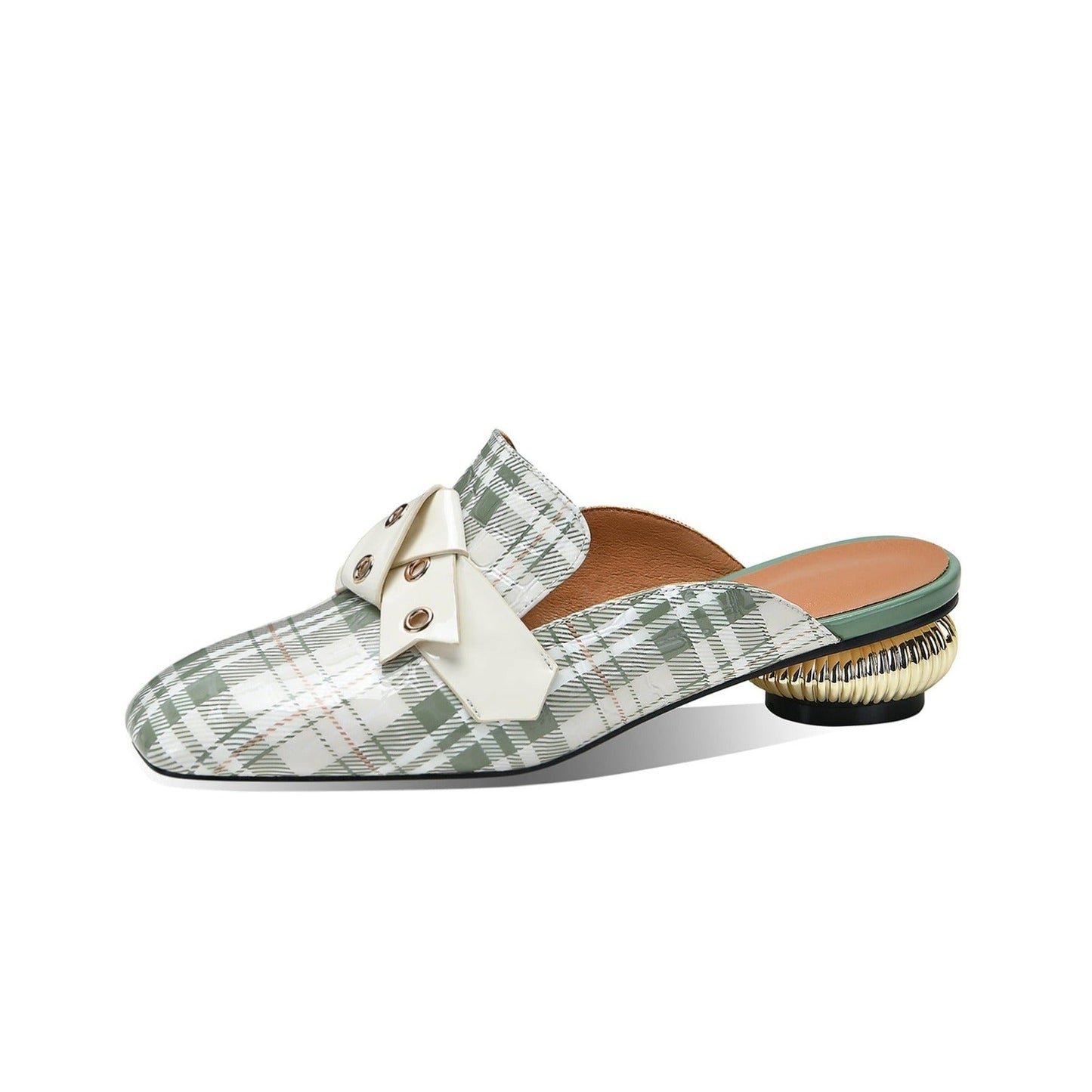 Nine Seven Women's Square Toe Plaid Genuine Leather Handmade Buckle Decor Stylish Low Heel Sandal Slippers