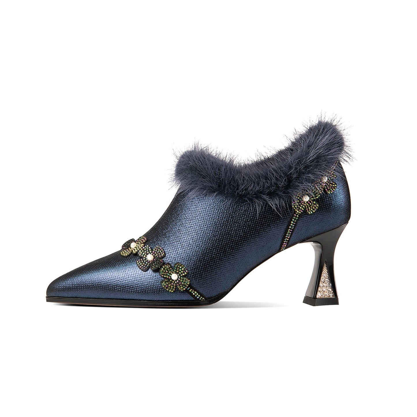 Nine Seven Handmade Women's Genuine Leather Furry Floral Side Zip Pointed Toe Mid Spool Rhinestone Heel Pumps