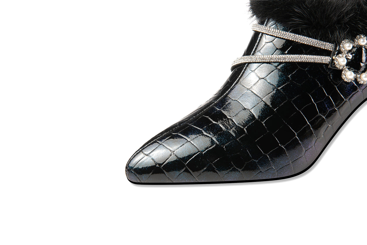 Nine Seven Handmade Women's Patent Leather Furry Rhinestone Floral Side Zip Pointed Toe Mid Spool Heel Pumps