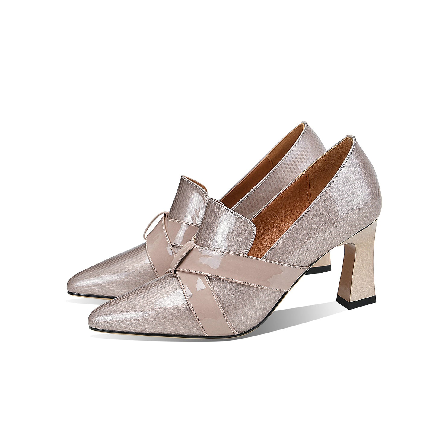 Nine Seven Glossy Genuine/Patent Leather Pointed Toe Handmade Chunky Heels Graceful Women's Dress Pumps