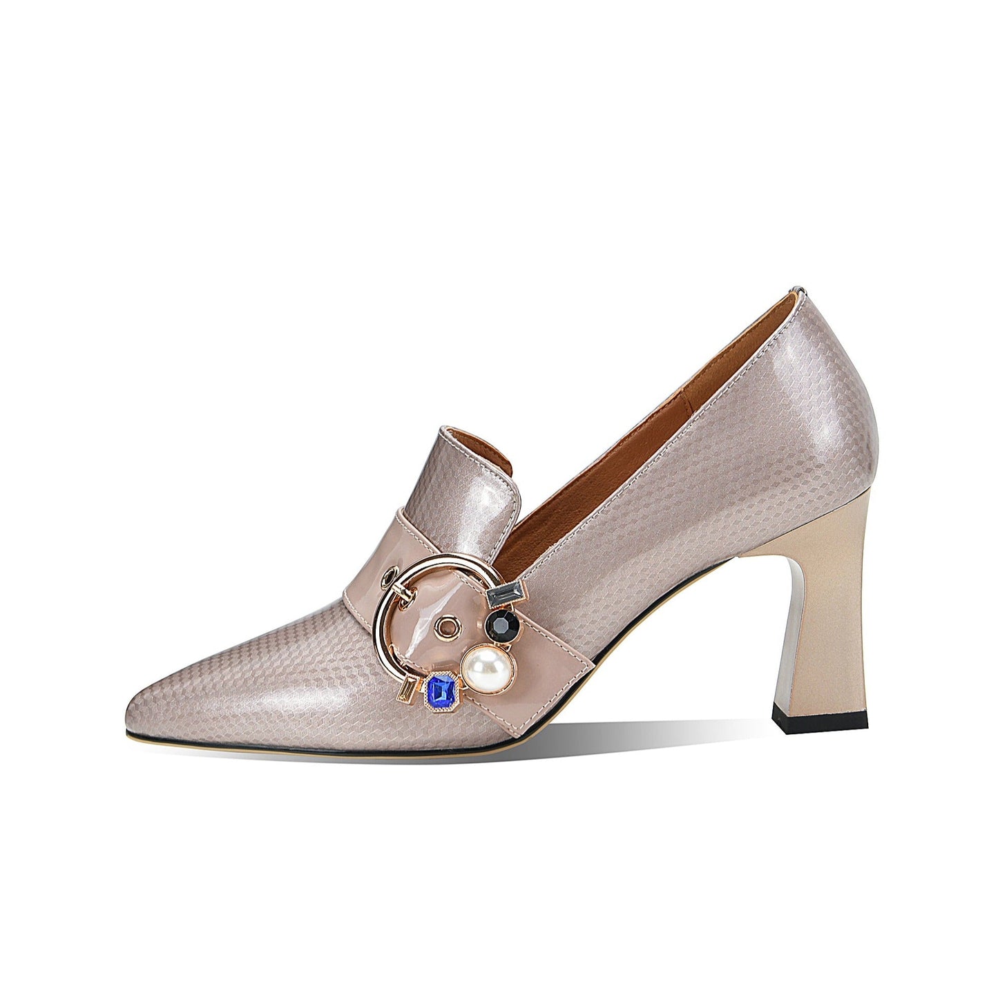 Nine Seven Women's Pointed Toe Glossy Genuine/Patent Leather Handmade Buckle Stylish Pumps Shoes with Mid Heels