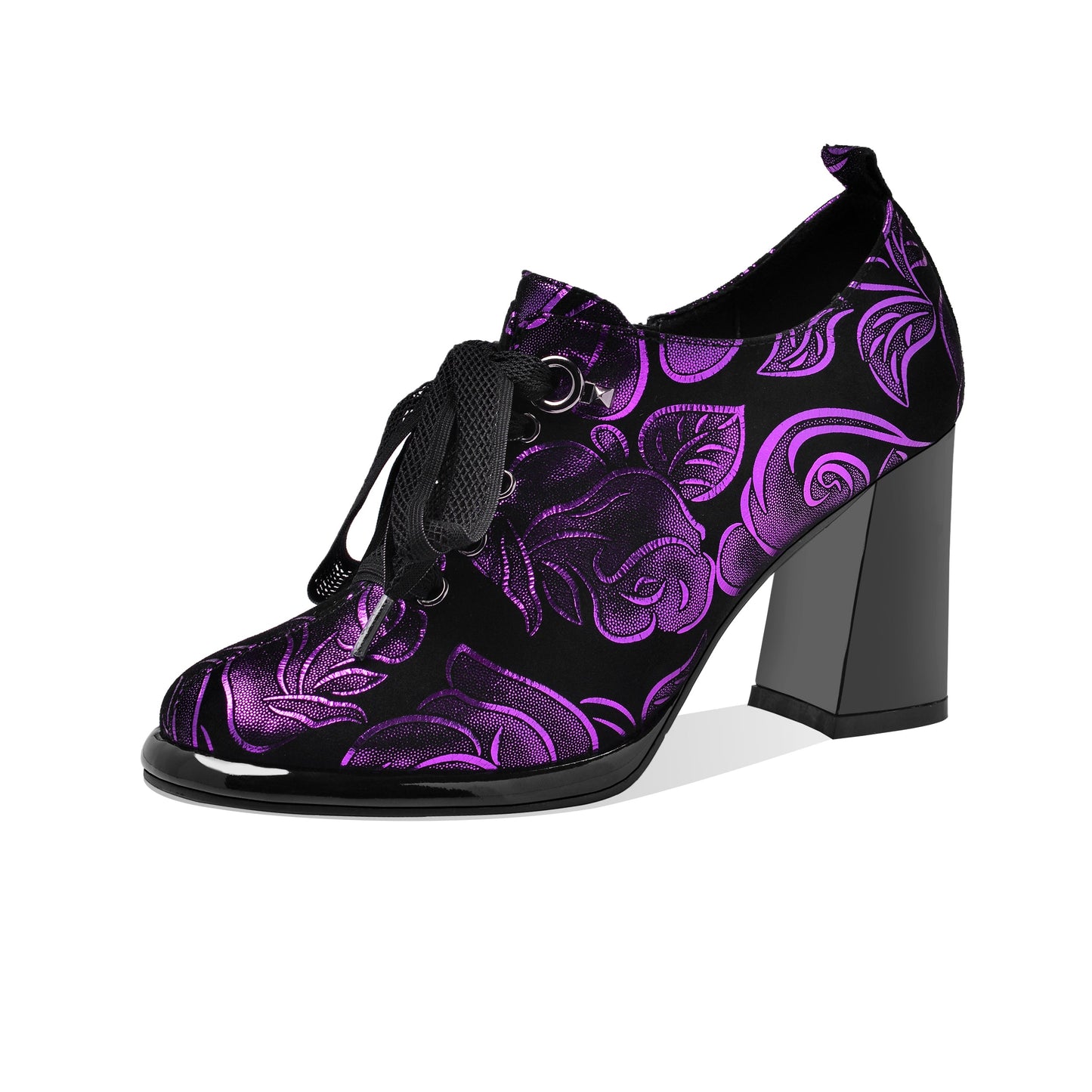 Nine Seven Women's Handmade Printed Suede Leather Platform Round Toe Lace Up Side Zip High Chunky Heel Pumps