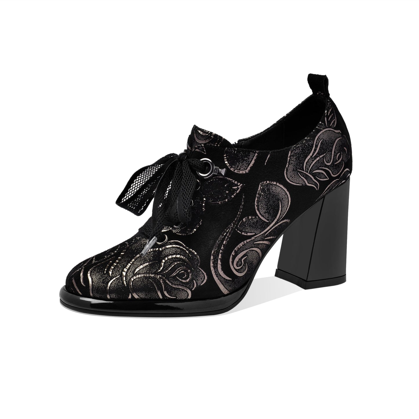 Nine Seven Women's Handmade Printed Suede Leather Platform Round Toe Lace Up Side Zip High Chunky Heel Pumps