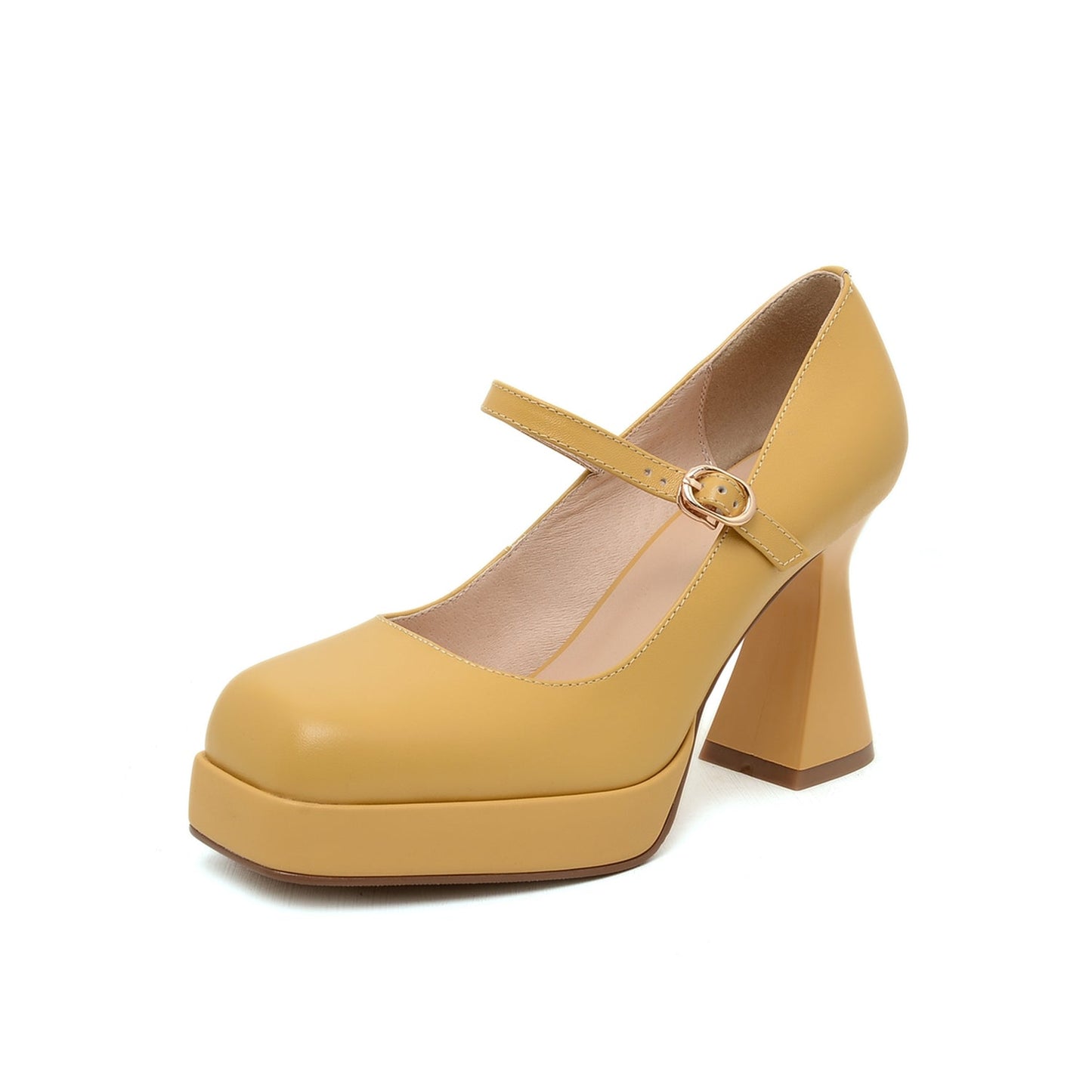 Nine Seven Women's Square Toe Genuine Leather Handmade Platform Chic High Chunky Heels Pumps Shoes with Buckle