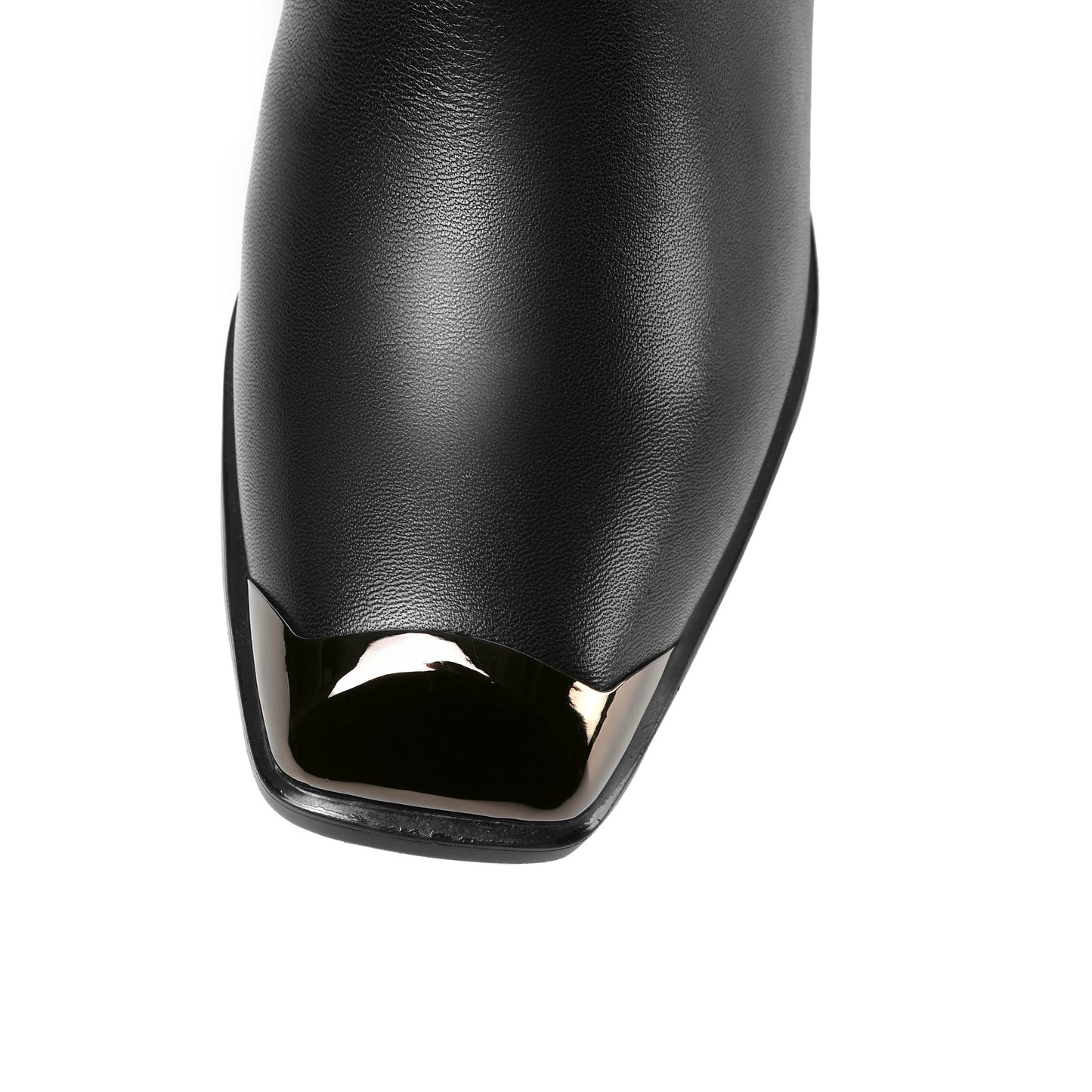 Nine Seven Handmade Women's Genuine Leather Square Toe Mid Chunky Heel Side Zip Up Black Knee High Boots with Buckle Decor